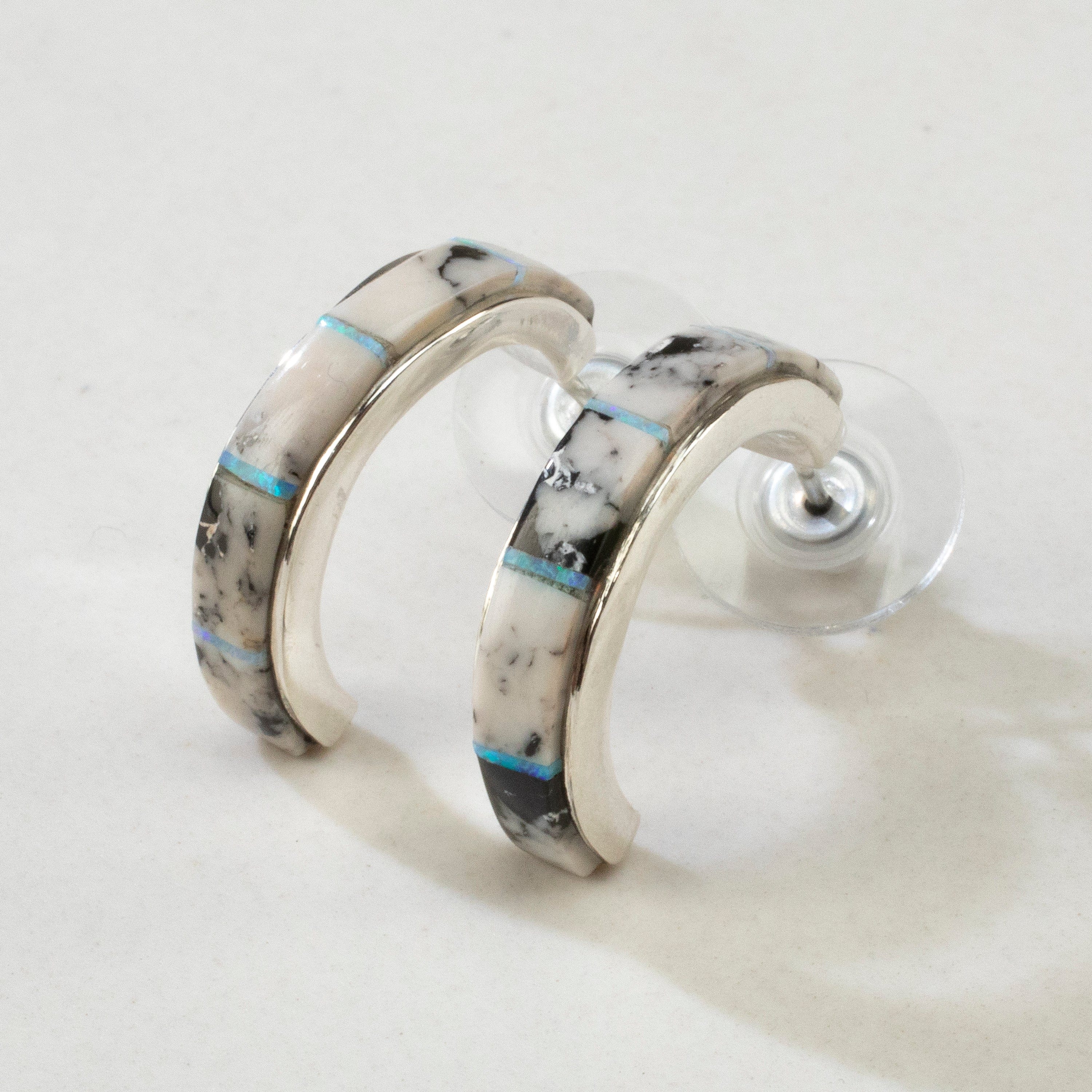 Kalifano Southwest Silver Jewelry White Buffalo Turquoise Semi Hoop USA Handmade 925 Sterling Silver Earrings with Opal Accent & Stud Backing NME.0401.WB