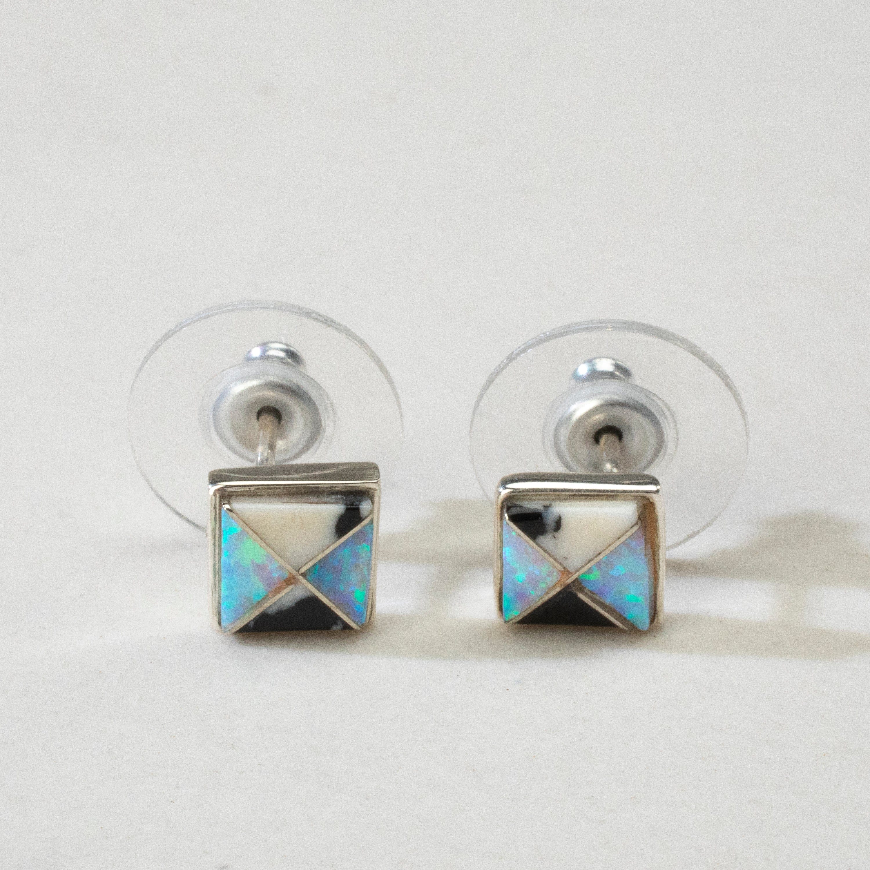 Kalifano Southwest Silver Jewelry White Buffalo Turquoise Square USA Handmade 925 Sterling Silver Earrings with Opal Accent & Stud Backing NME.2262.WB