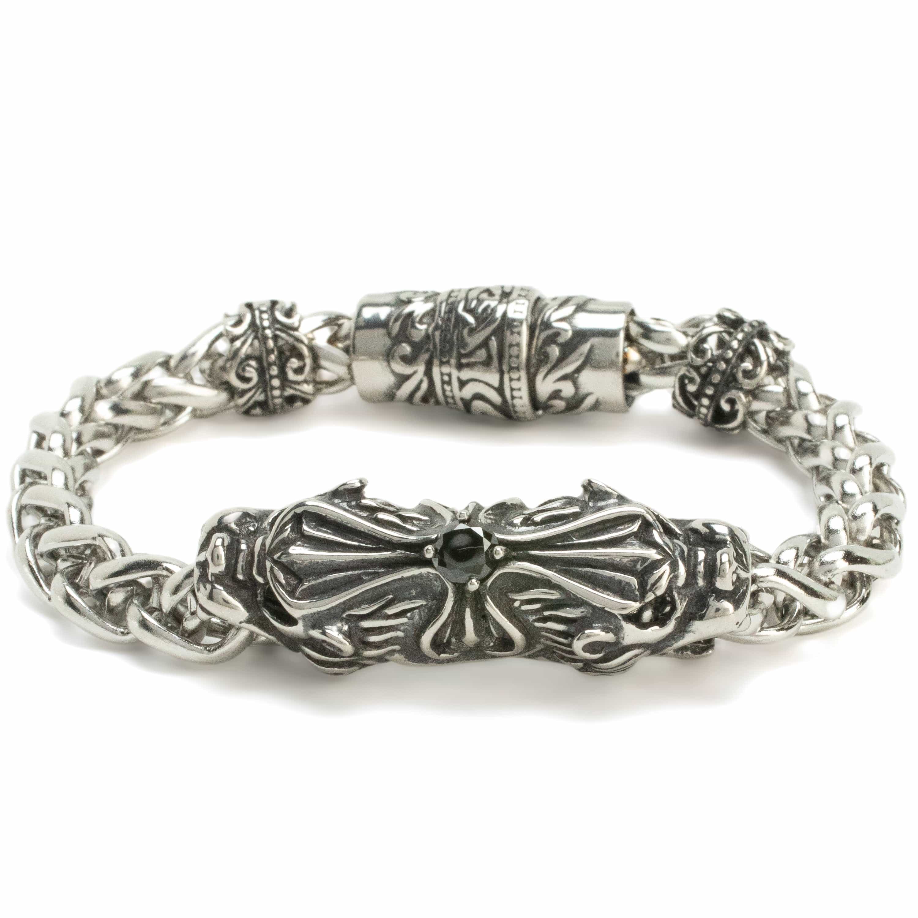 Kalifano Stainless Steel Bracelets Stainless Steel Bracelet with Cross & Black Crystal PLAT-BSS-05