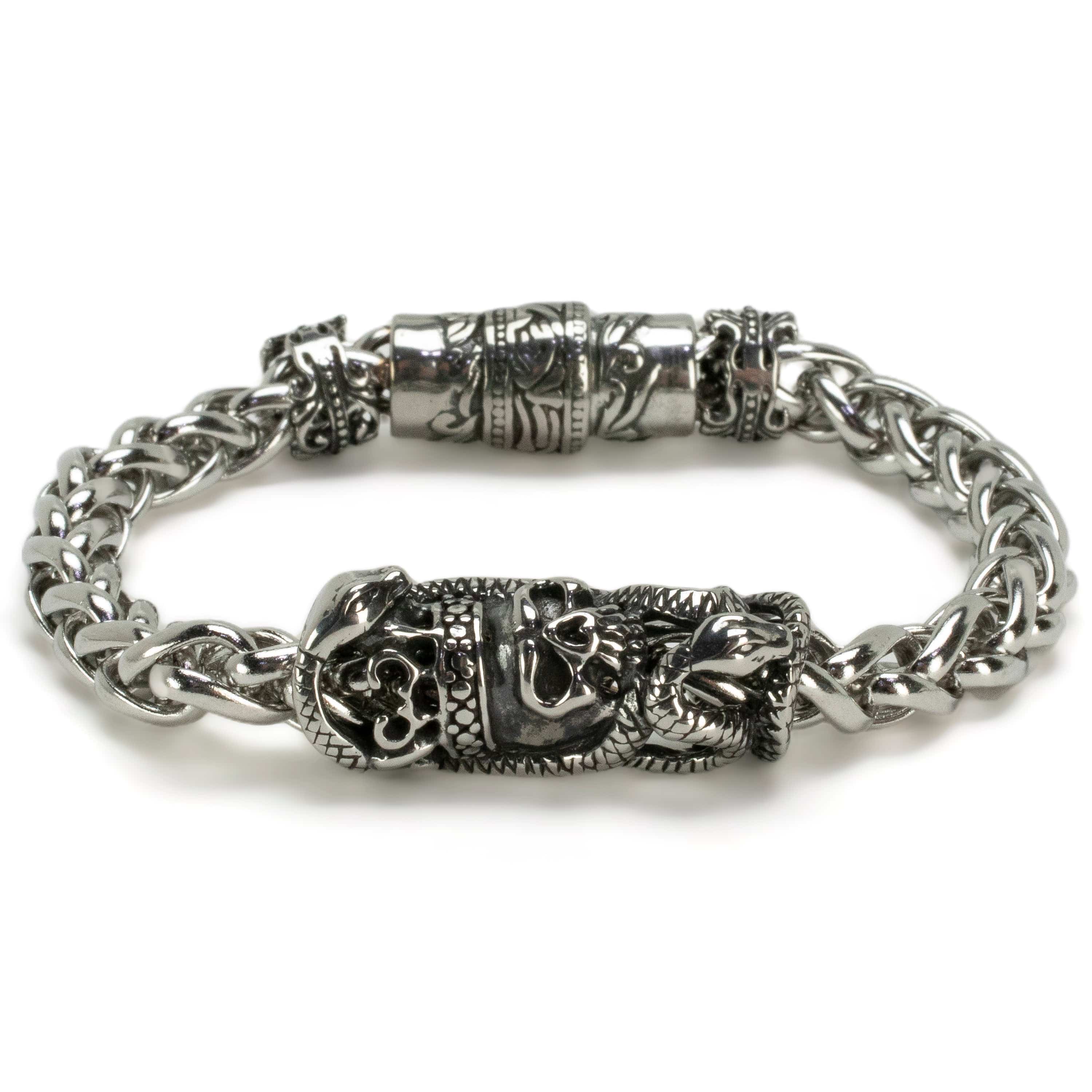 Kalifano Stainless Steel Bracelets Stainless Steel Bracelet with Skulls and Snakes PLAT-BSS-10