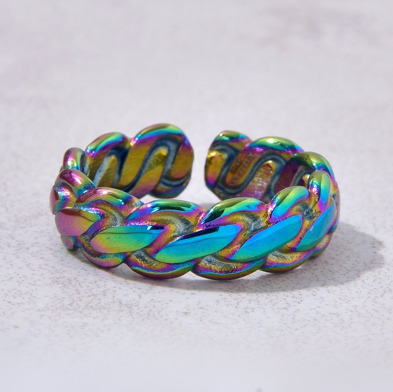 Kalifano Steel Hearts Jewelry Aurora Borealis Braided Rope Steel Hearts Ring