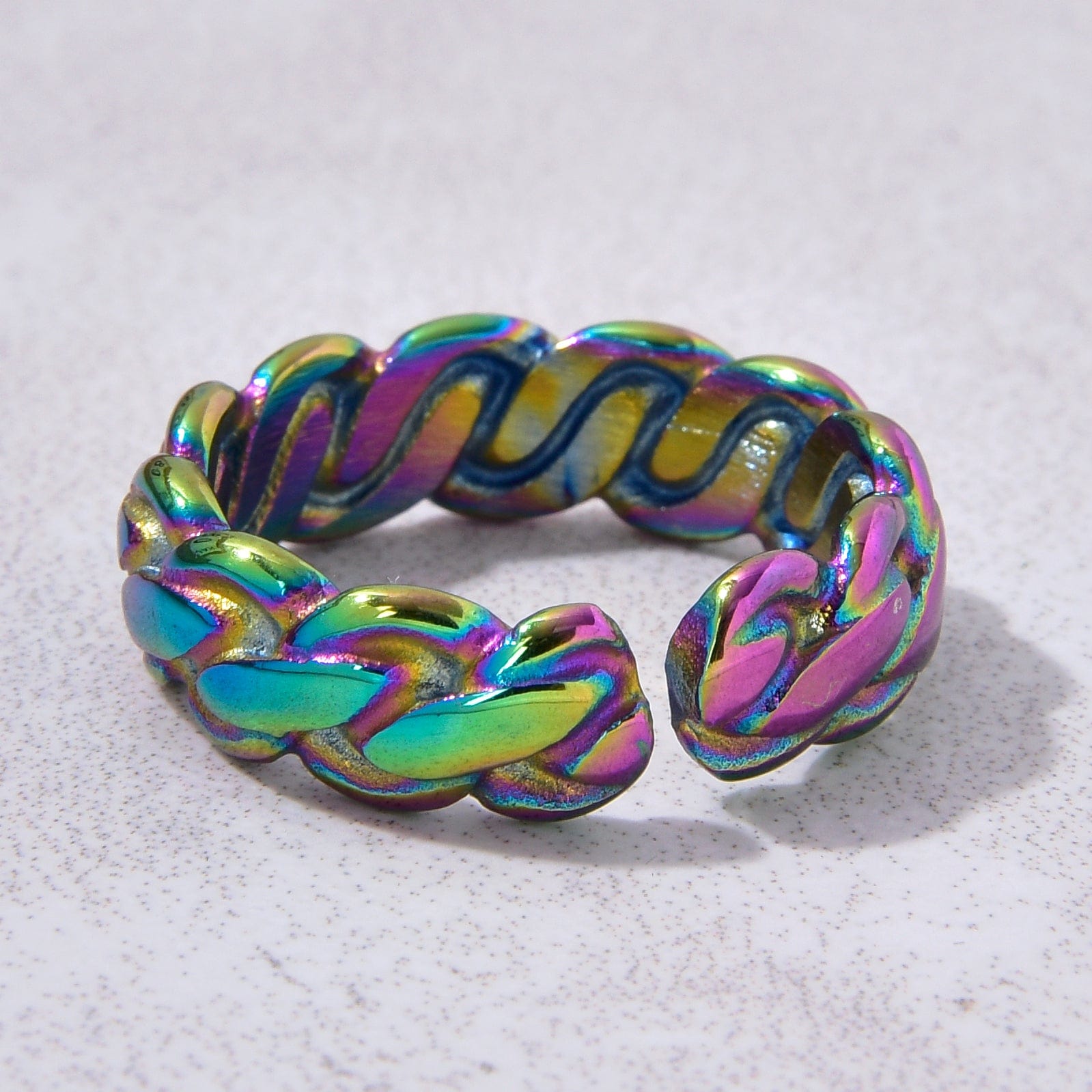 Kalifano Steel Hearts Jewelry Aurora Borealis Braided Rope Steel Hearts Ring