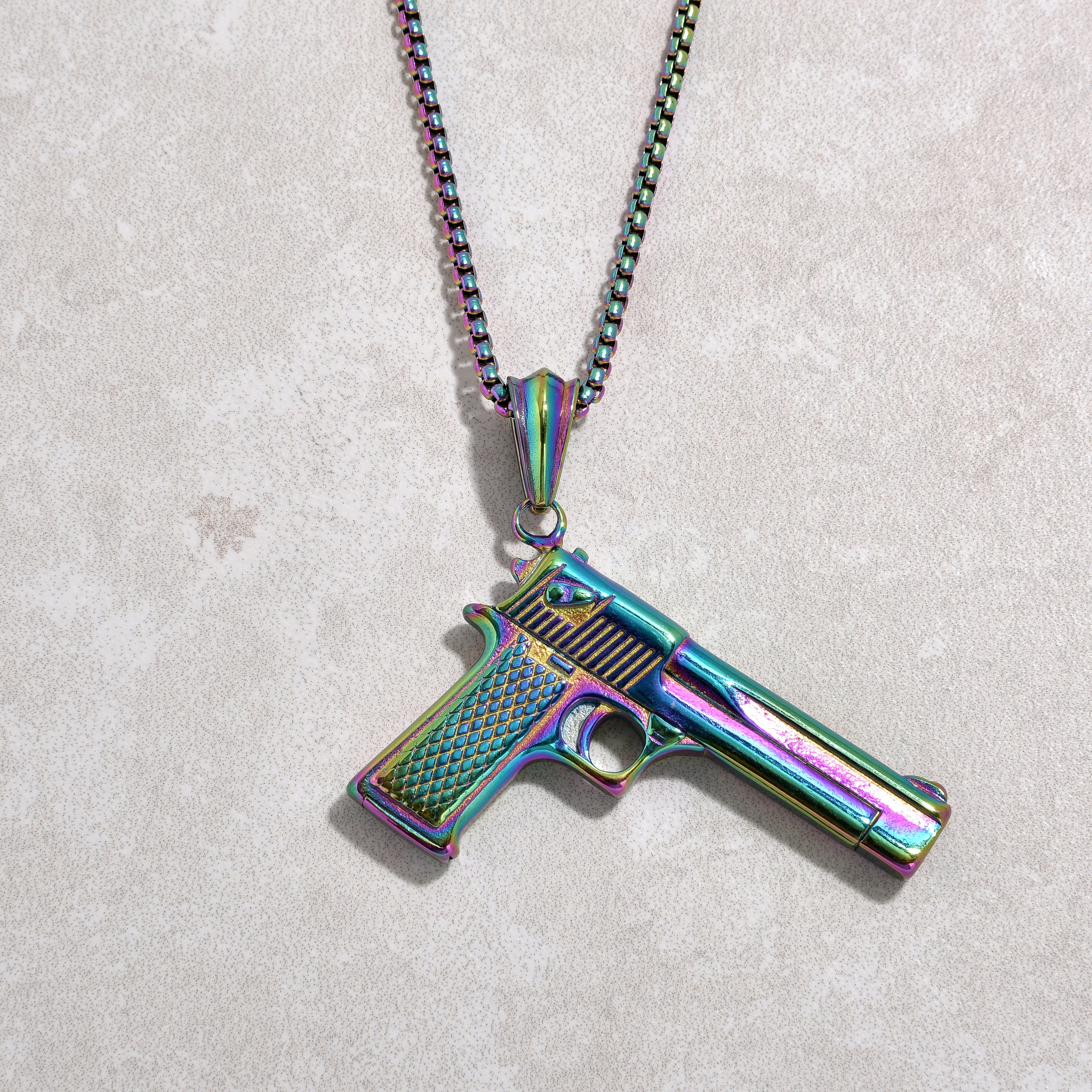 Kalifano Steel Hearts Jewelry Aurora Borealis Desert Eagle gun Steel Hearts Necklace SHN523-AB