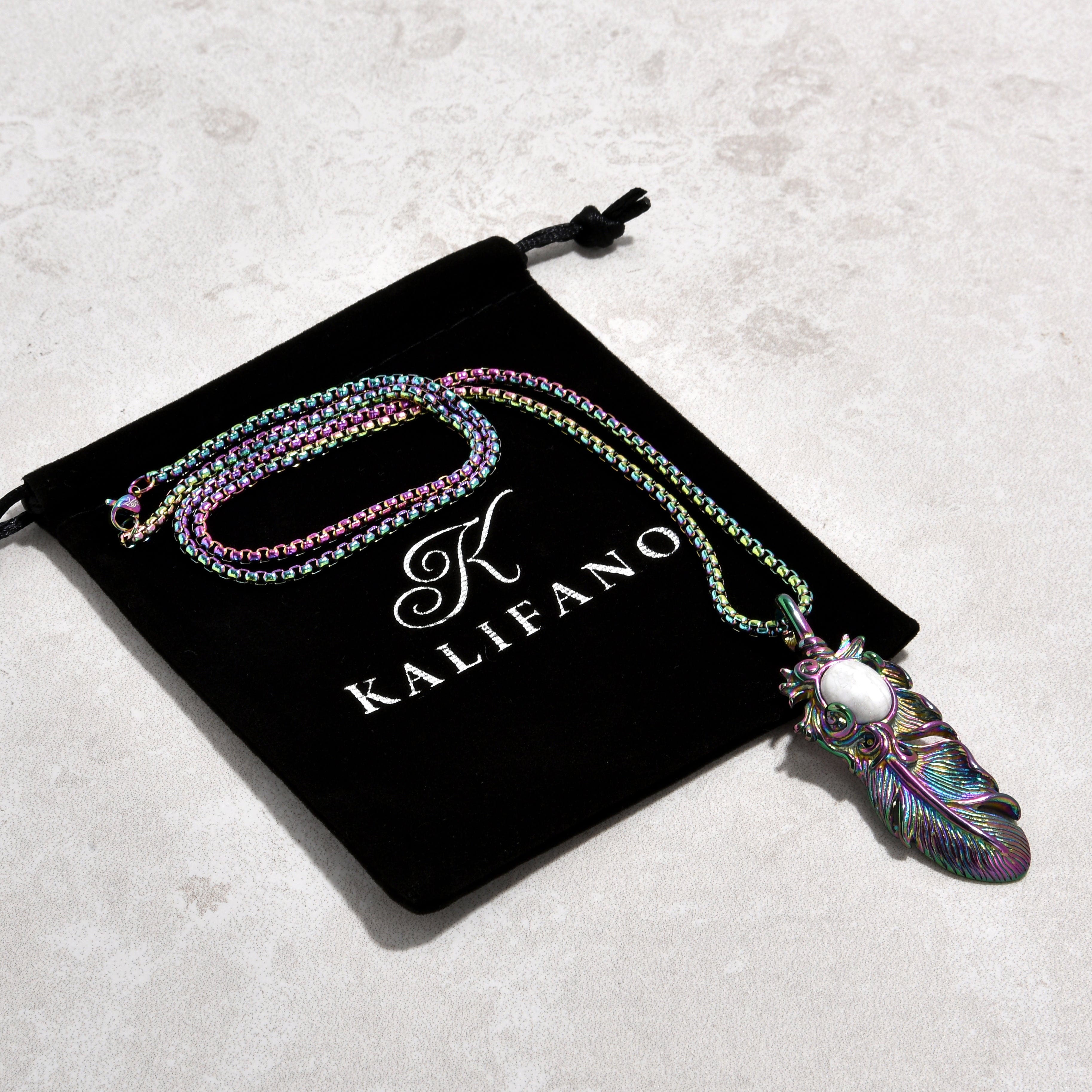 Kalifano Steel Hearts Jewelry Aurora Borealis Howlite Feather Steel Hearts Necklace SHN512AB-HT