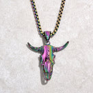 Aurora Borealis Small Bull Skull Steel Hearts Necklace