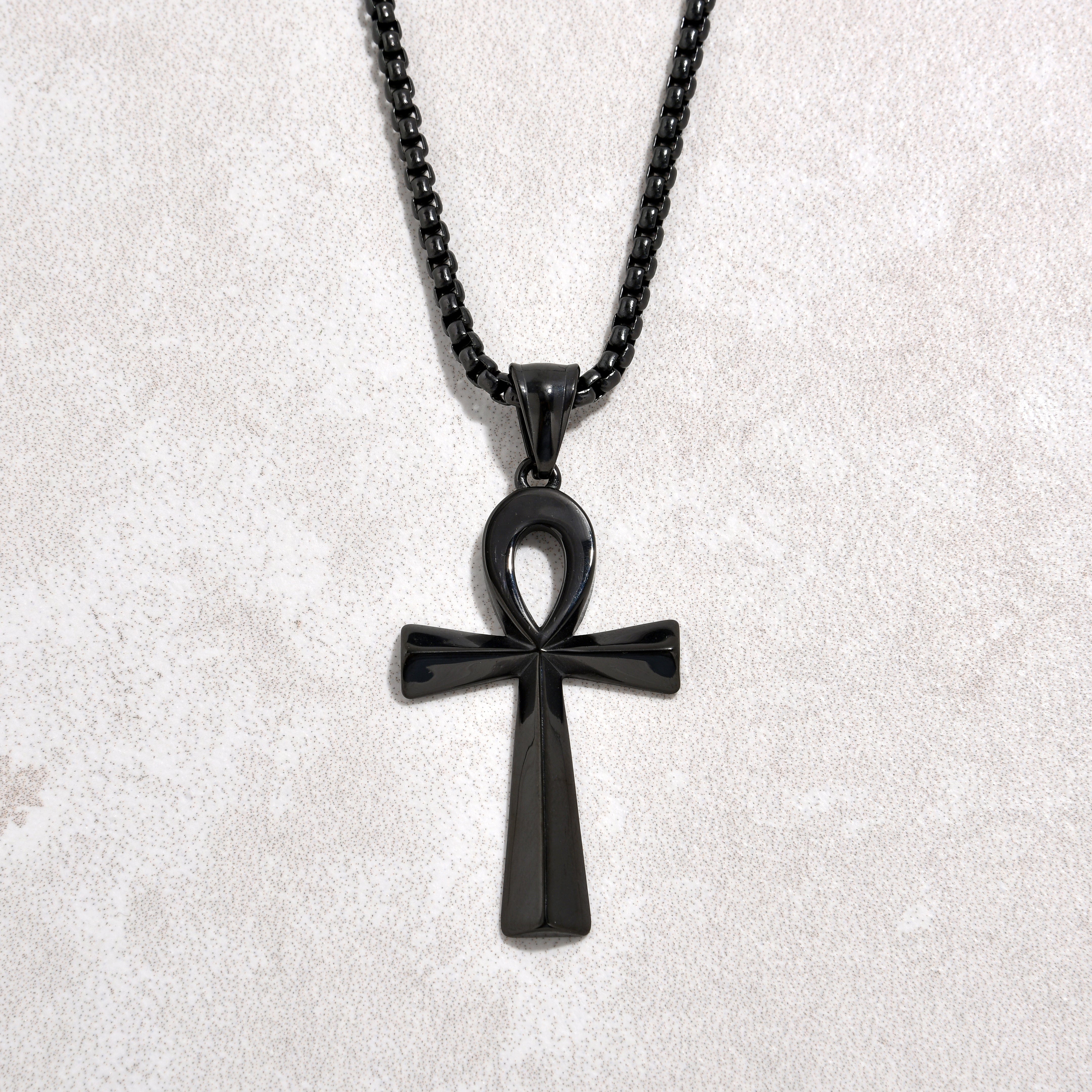 Kalifano Steel Hearts Jewelry Black Ankh Cross Steel Hearts Necklace SHN505-B