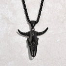 Black Small Bull Skull Steel Hearts Necklace