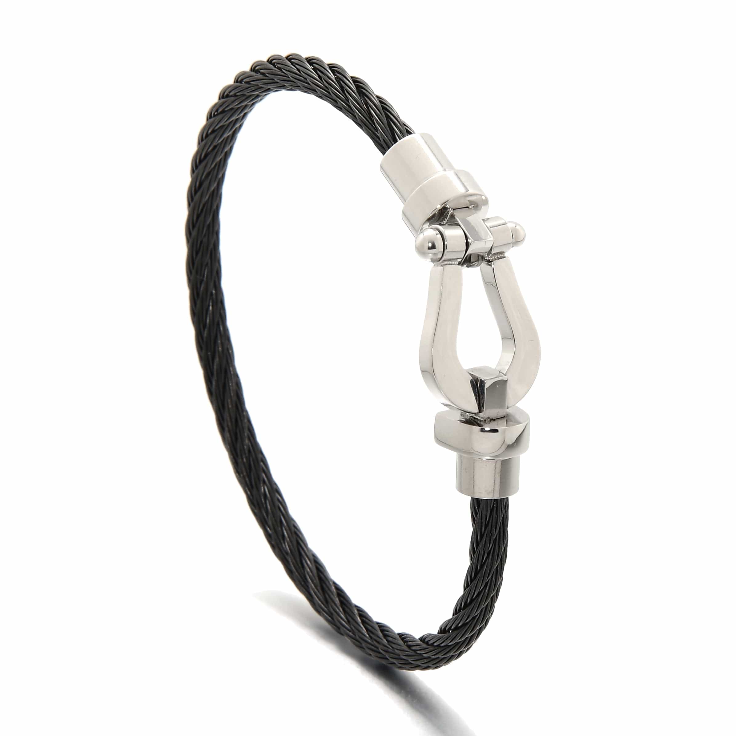 Kalifano Steel Hearts Jewelry Silver and Black Arabian Cable Braided Steel Hearts Bracelet SHB148-S