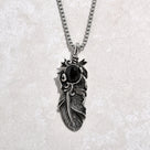 Silver Black Agate Feather Steel Hearts Necklace