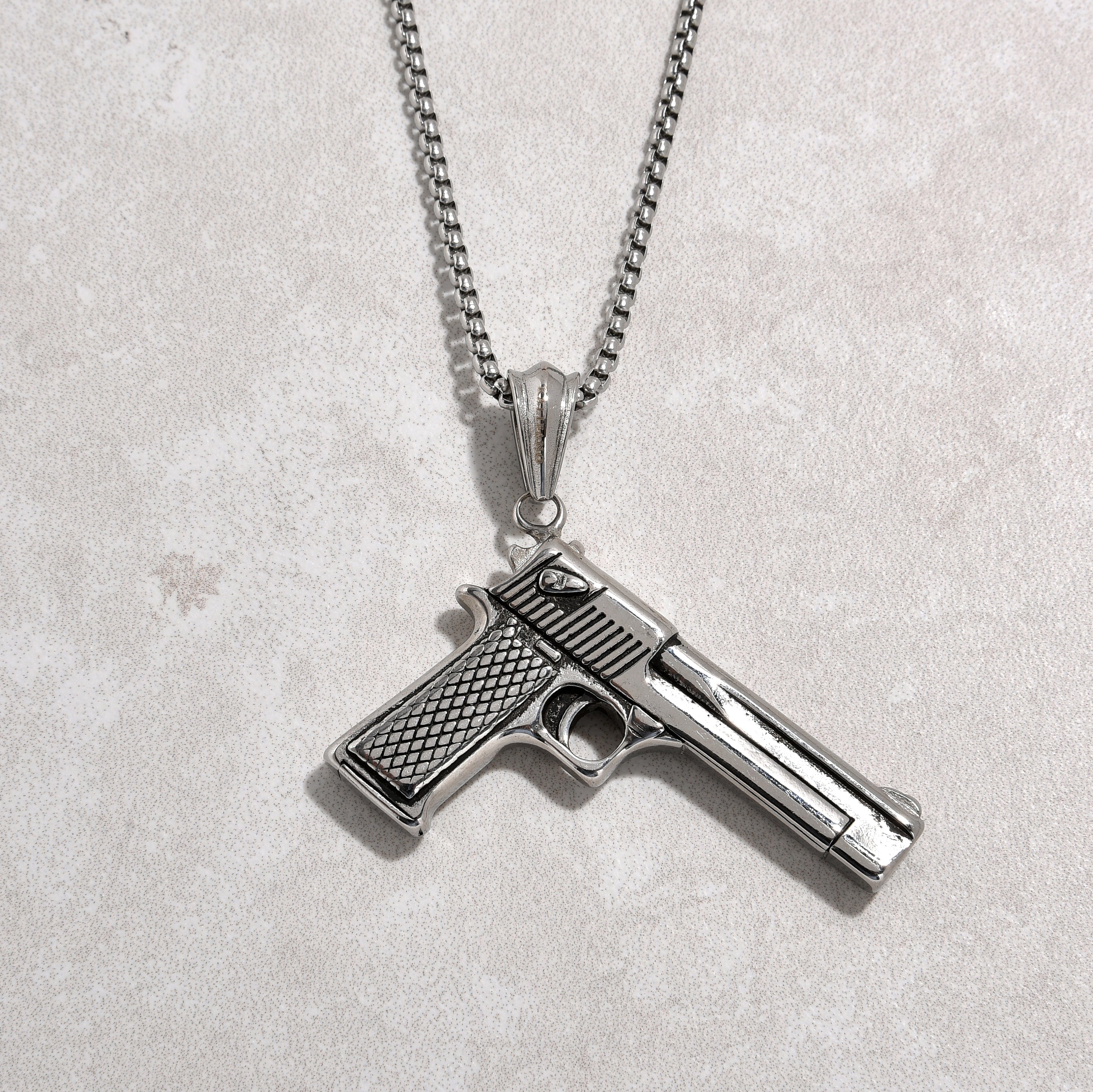 Kalifano Steel Hearts Jewelry Silver Desert Eagle Glock Pistol Gun Steel Hearts Necklace SHN523-S