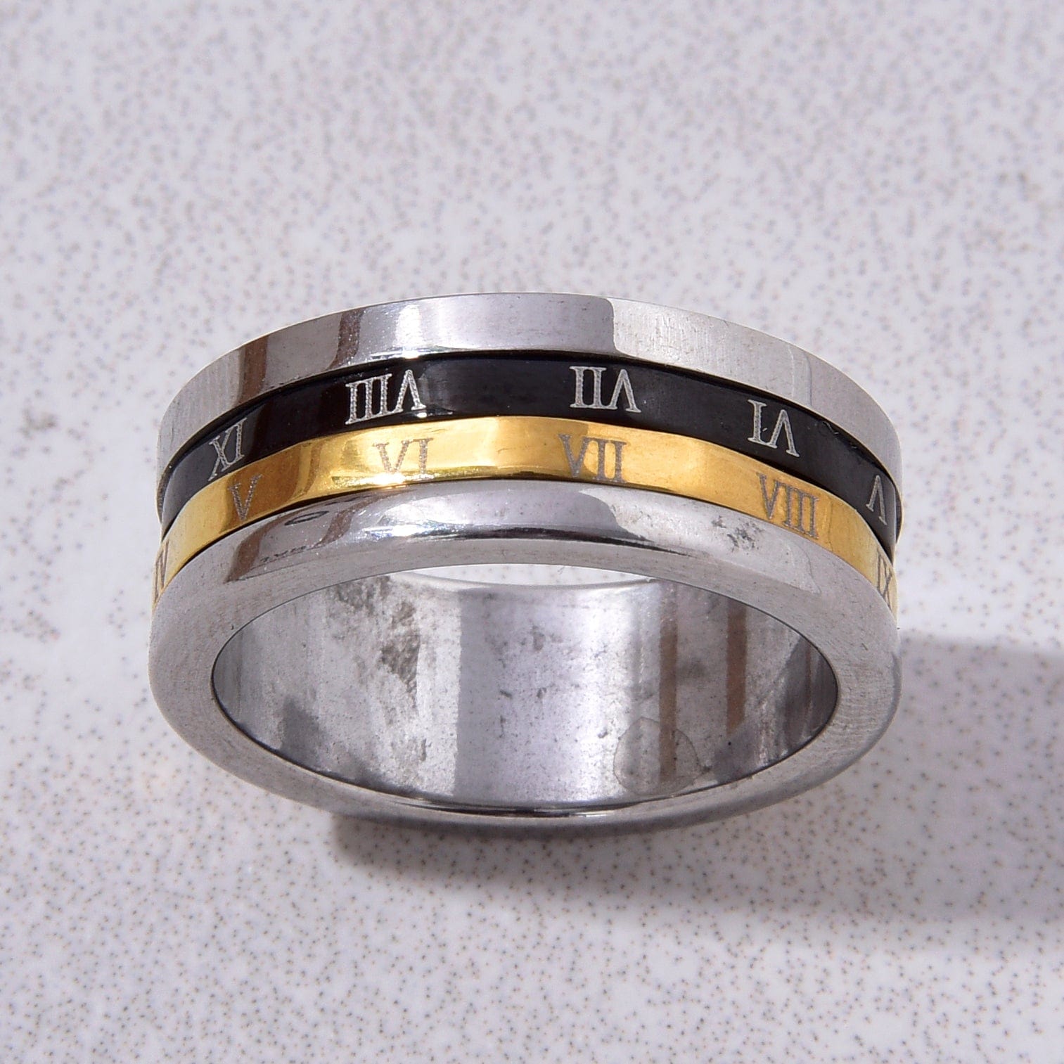 Kalifano Steel Hearts Jewelry Silver Rotatable Roman Numerals Steel Hearts Ring