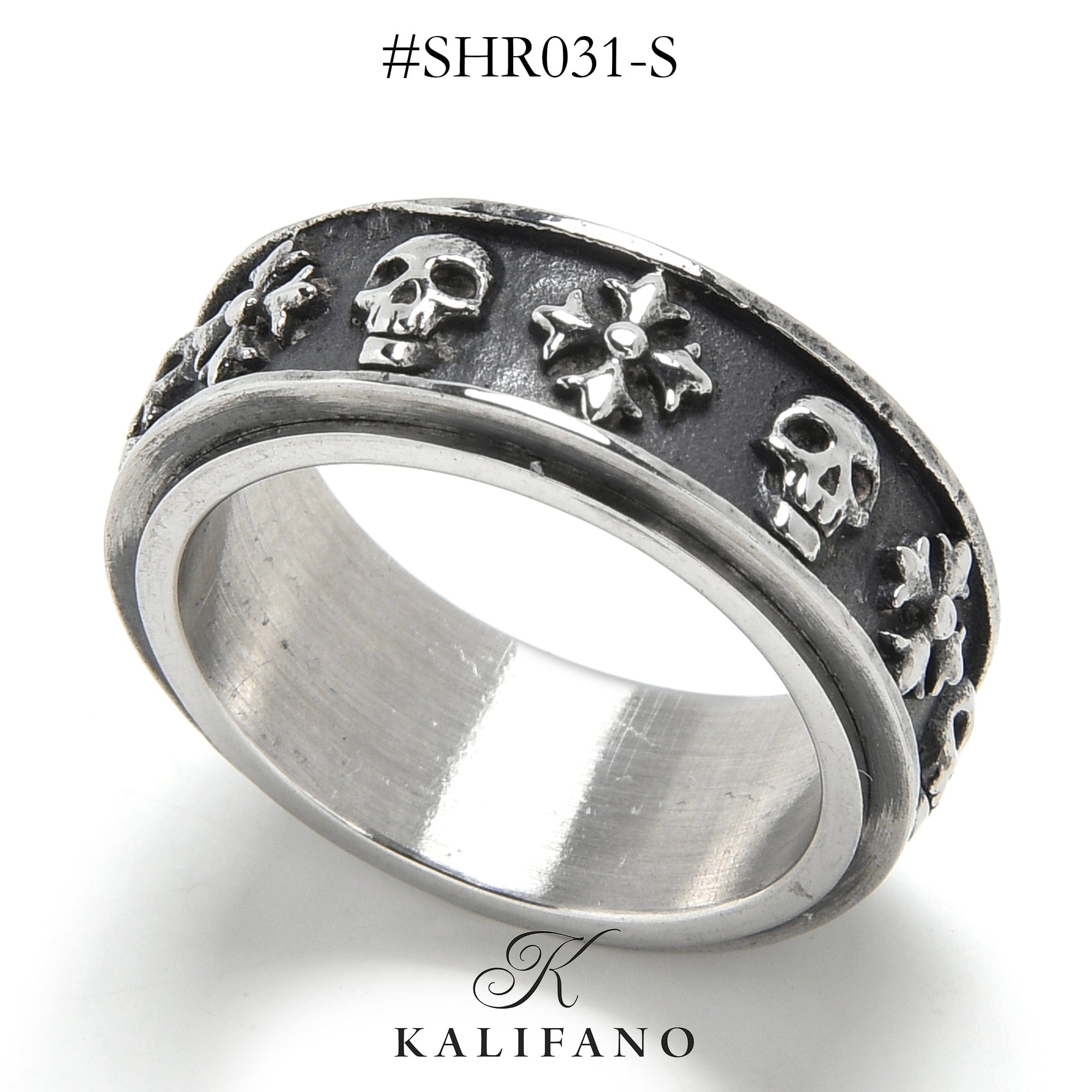 Kalifano Steel Hearts Jewelry Silver Rotatable Skull and Cross Steel Hearts Ring