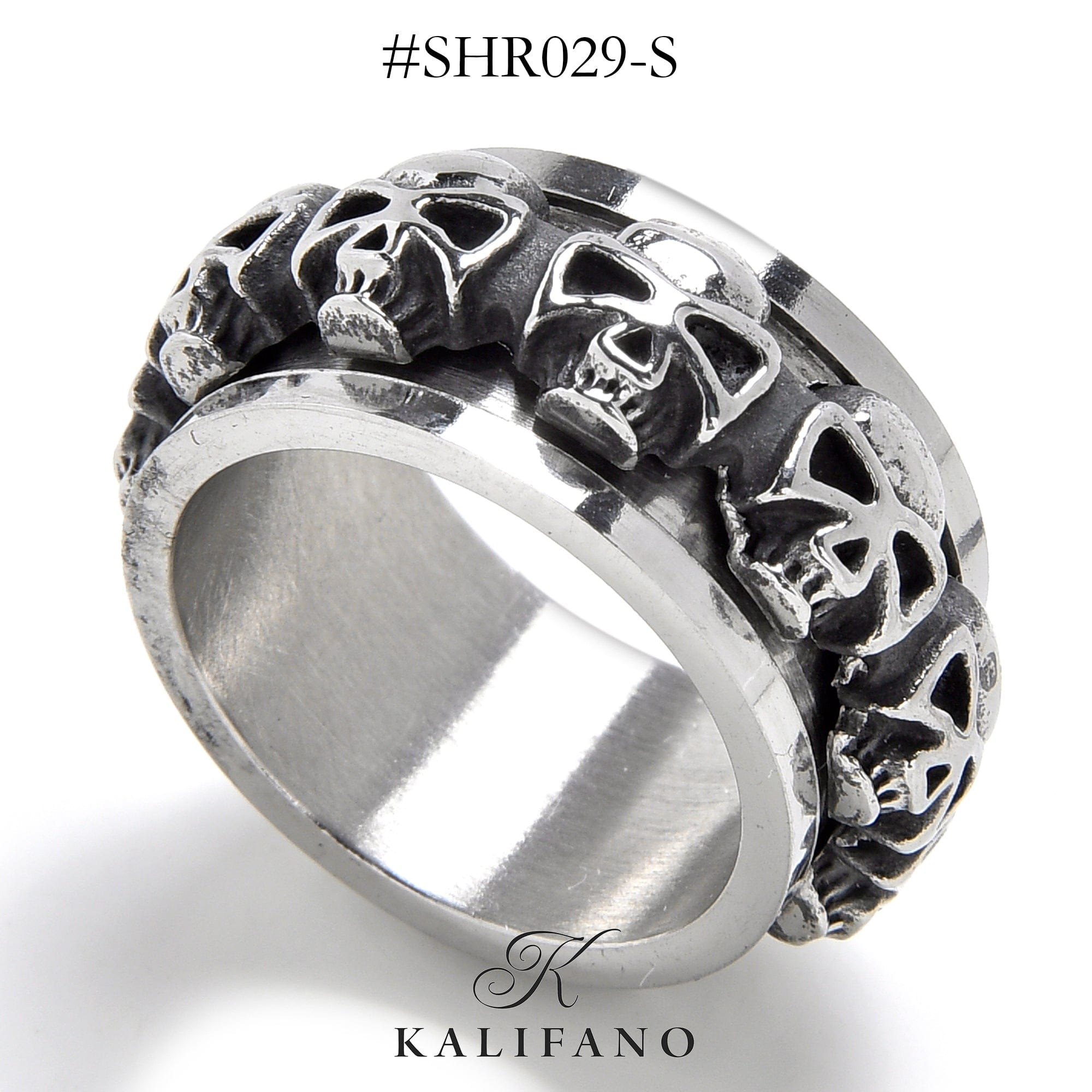 Kalifano Steel Hearts Jewelry Silver Rotatable Skull Steel Hearts Ring