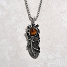 Silver Tiger Eye Feather Steel Hearts Necklace