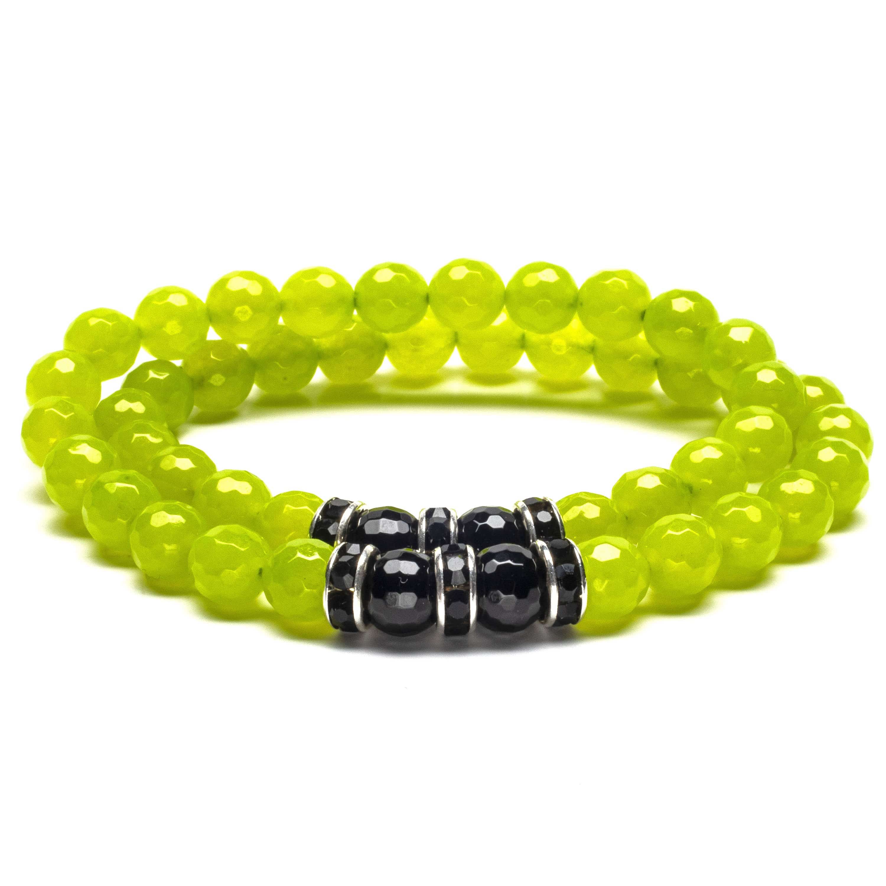 Kalifano Gemstone Bracelets Faceted Bright Green Agate 8mm Beads with Black Agate and Black and Silver Accent Beads Double Wrap Elastic Gemstone Bracelet WHITE-BGI2-019