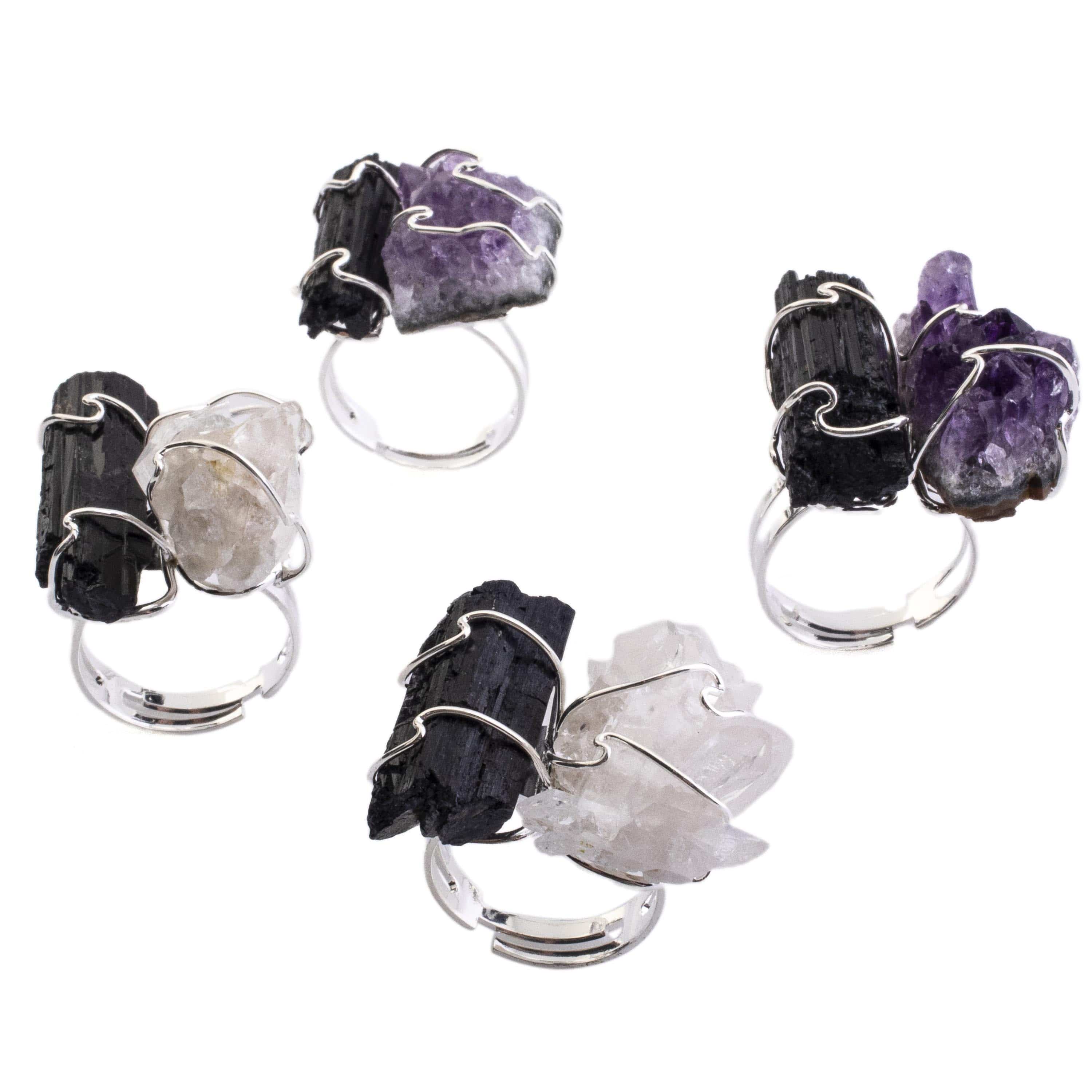 Kalifano Crystal Jewelry Amethyst and Black Tourmaline Adjustable Ring CJR-507-A+T