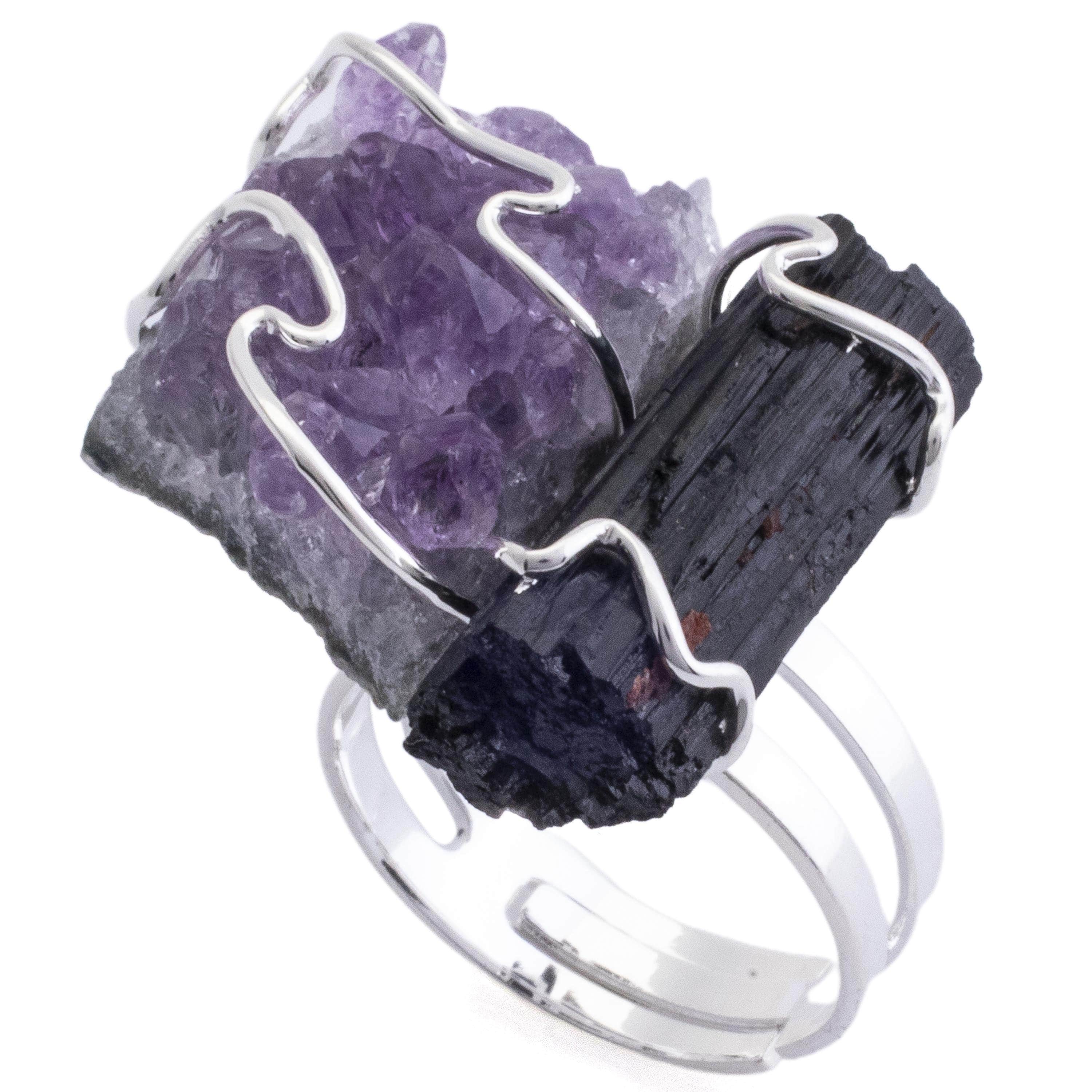 Kalifano Crystal Jewelry Amethyst and Black Tourmaline Adjustable Ring CJR-507-A+T