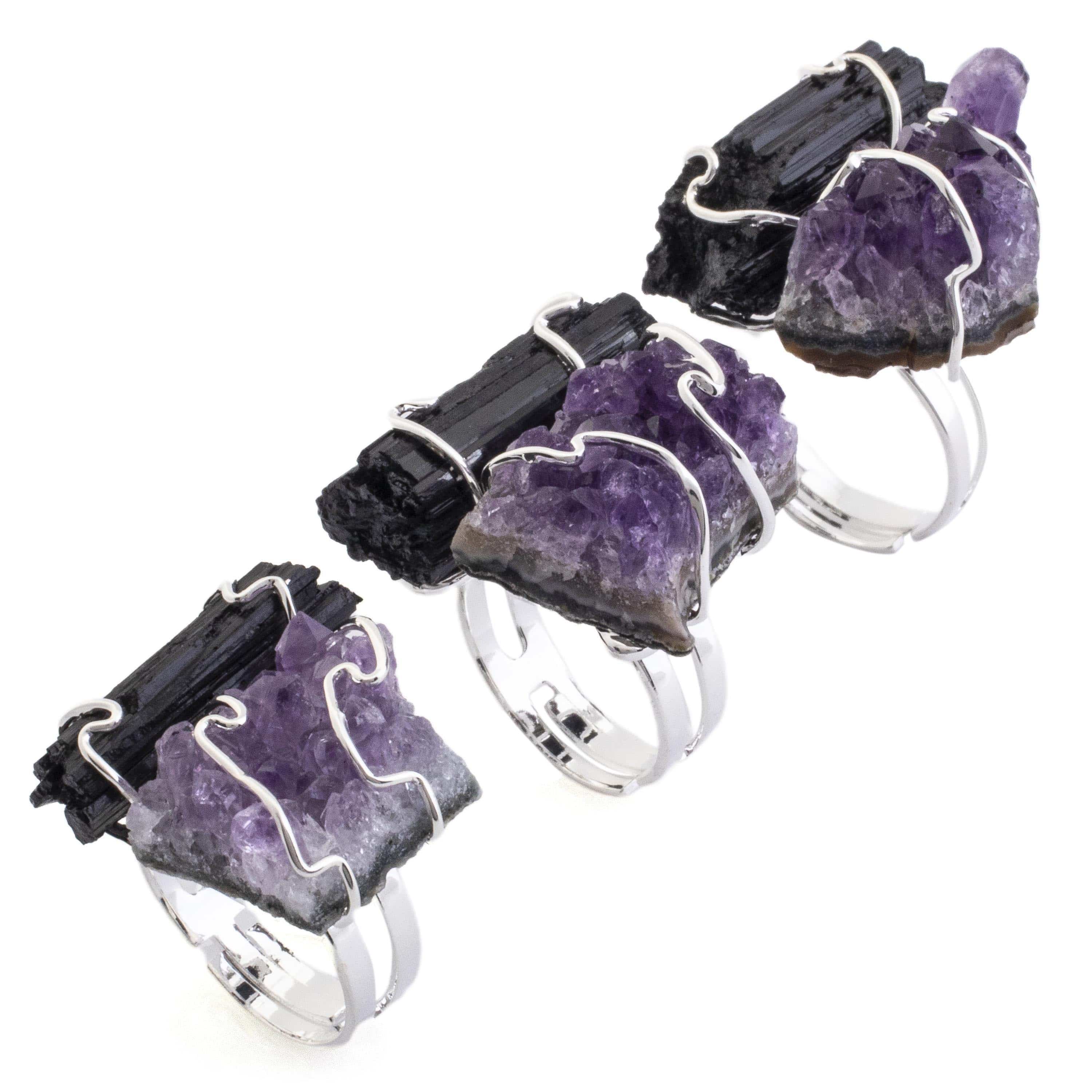 Kalifano Crystal Jewelry Amethyst and Black Tourmaline Adjustable Ring CJR-507-A+T