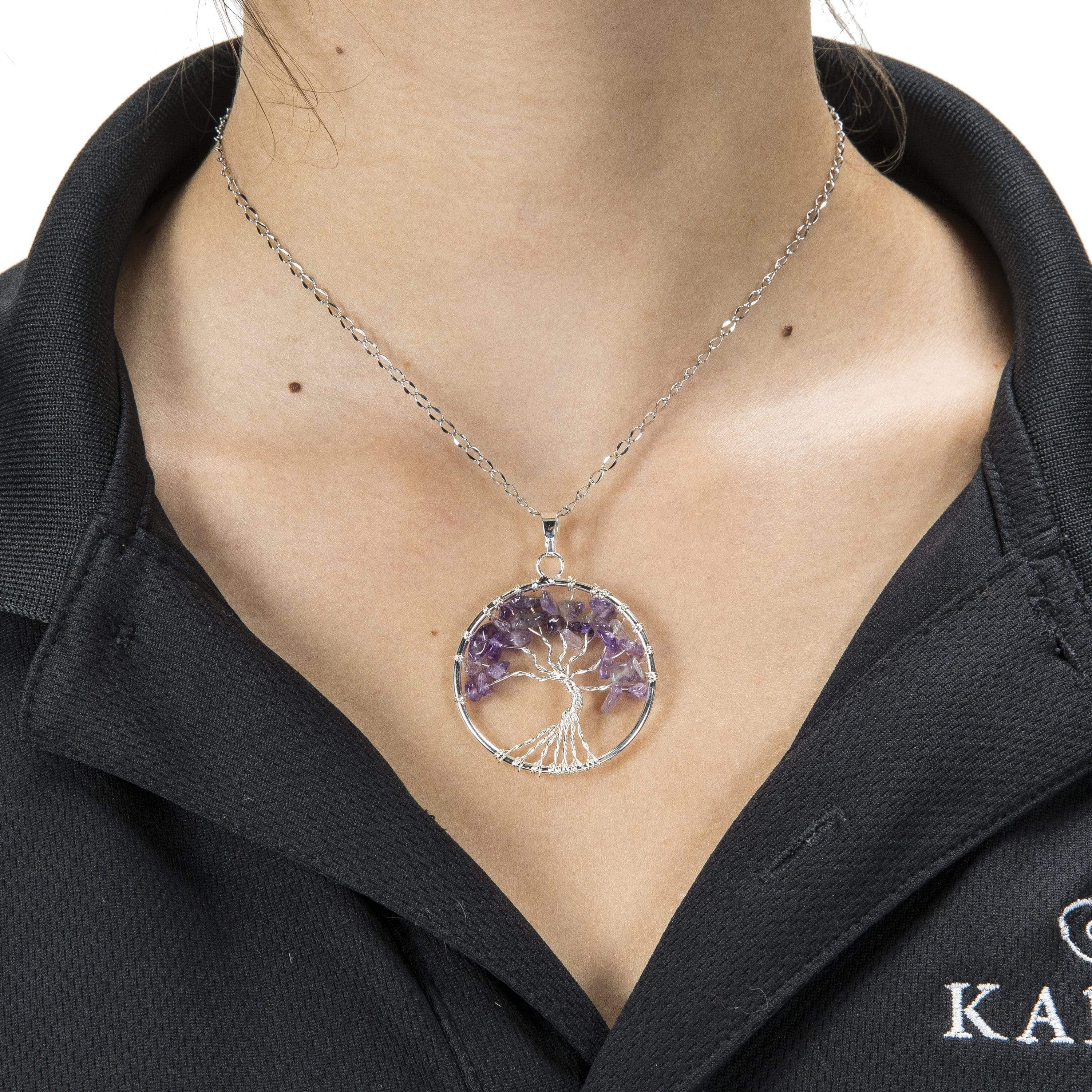 Kalifano Crystal Jewelry Amethyst Chakra Gemstone Tree of Life Necklace & Stainless Steel Chain CJCN20-AM