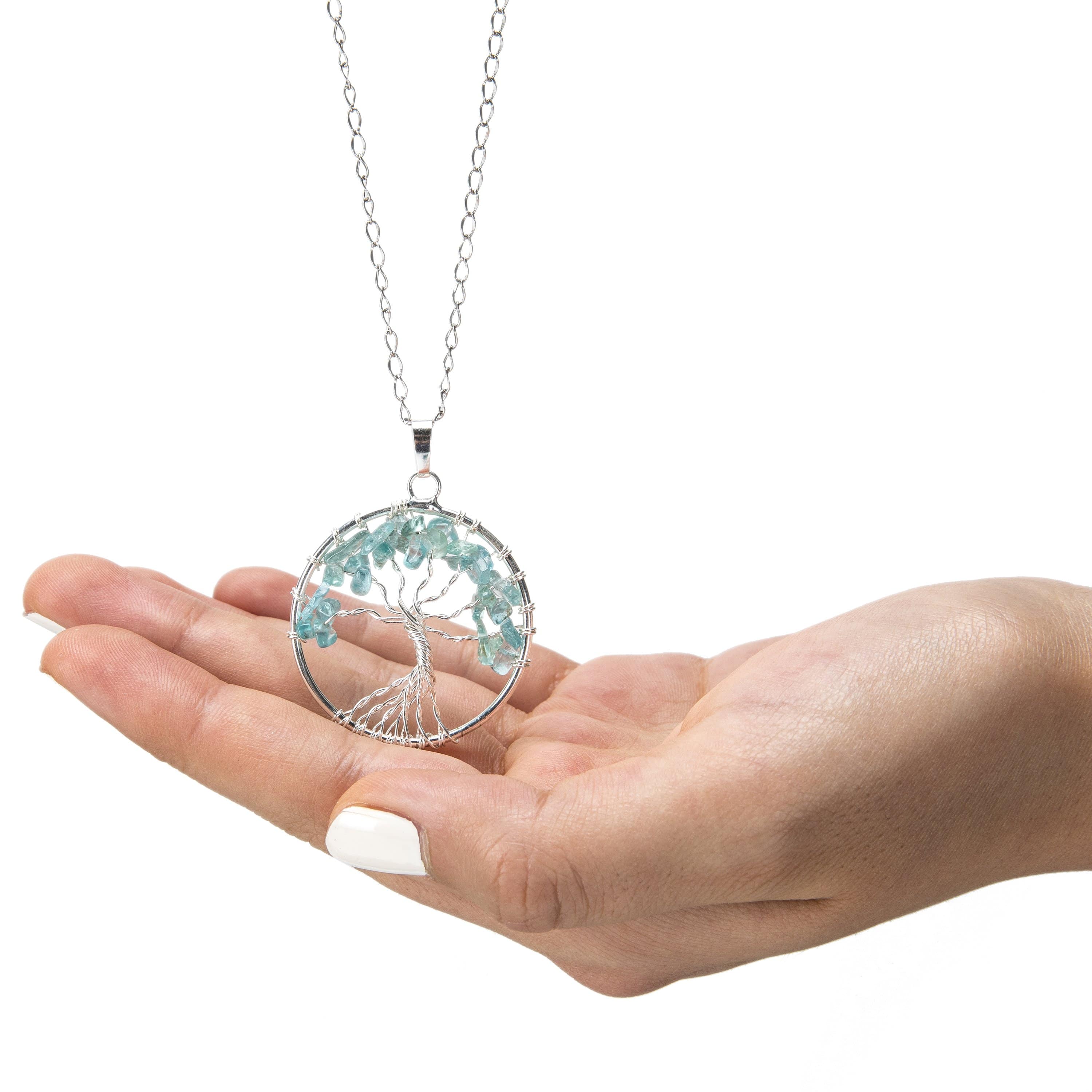 Kalifano Crystal Jewelry Aquamarine Chakra Gemstone Tree of Life Necklace & Stainless Steel Chain CJCN20-AQ