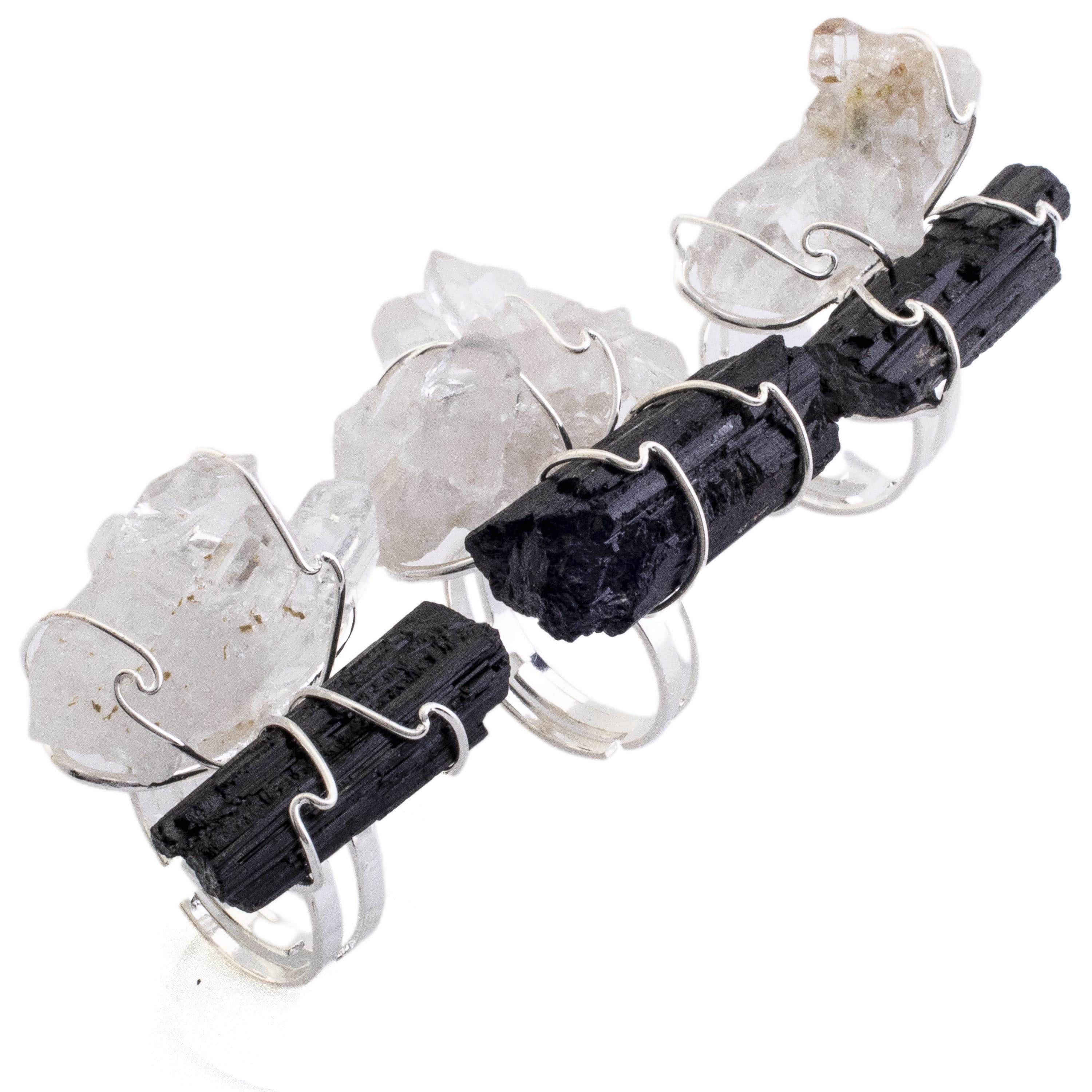 Kalifano Crystal Jewelry Clear Quartz and Black Tourmaline Adjustable Ring CJR-507-Q+T