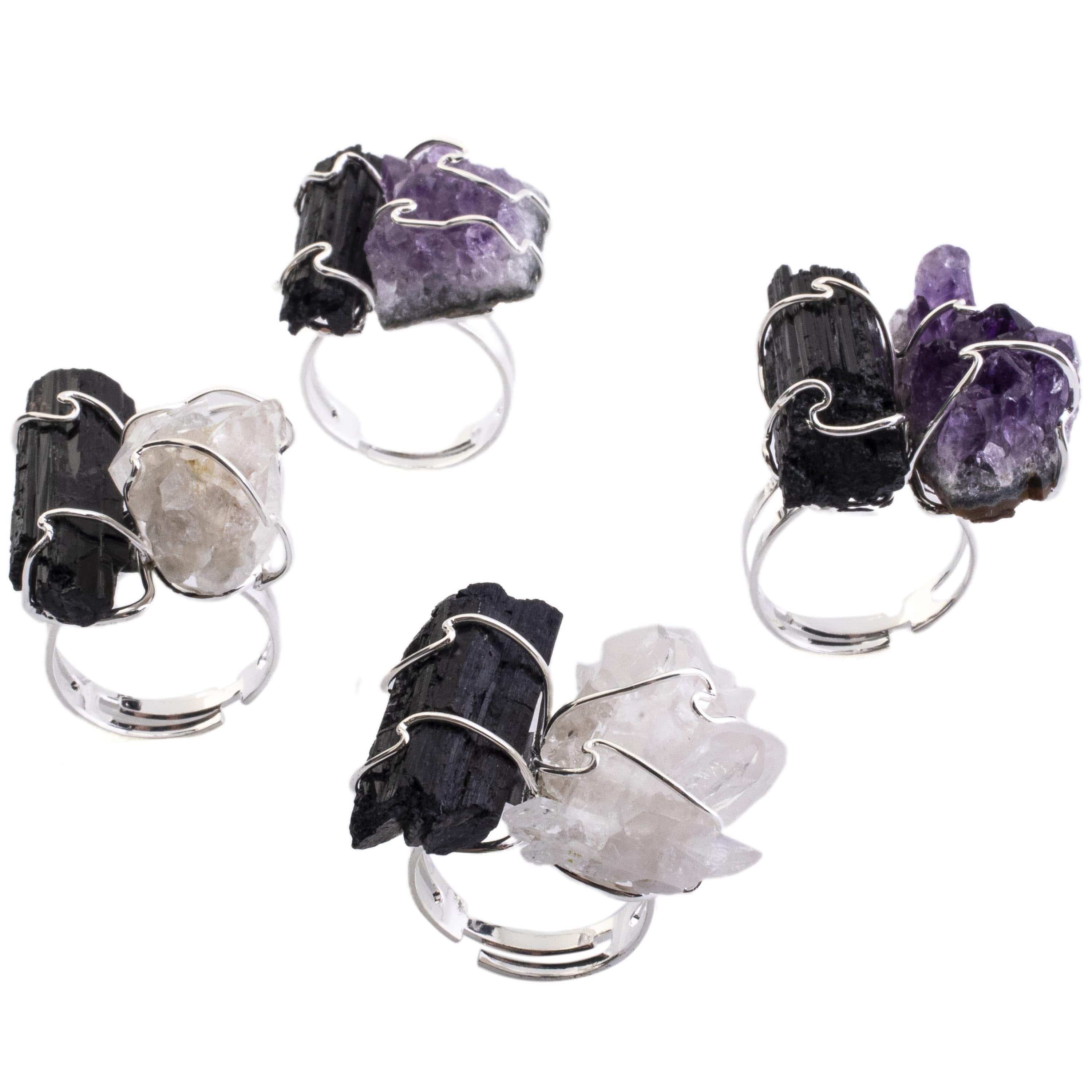 Kalifano Crystal Jewelry Clear Quartz and Black Tourmaline Adjustable Ring CJR-507-Q+T