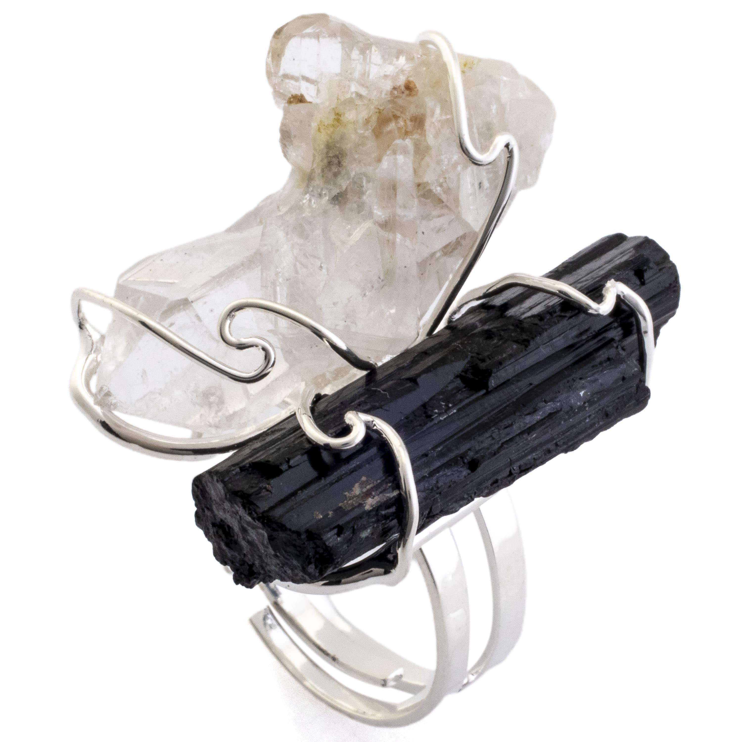 Kalifano Crystal Jewelry Clear Quartz and Black Tourmaline Adjustable Ring CJR-507-Q+T