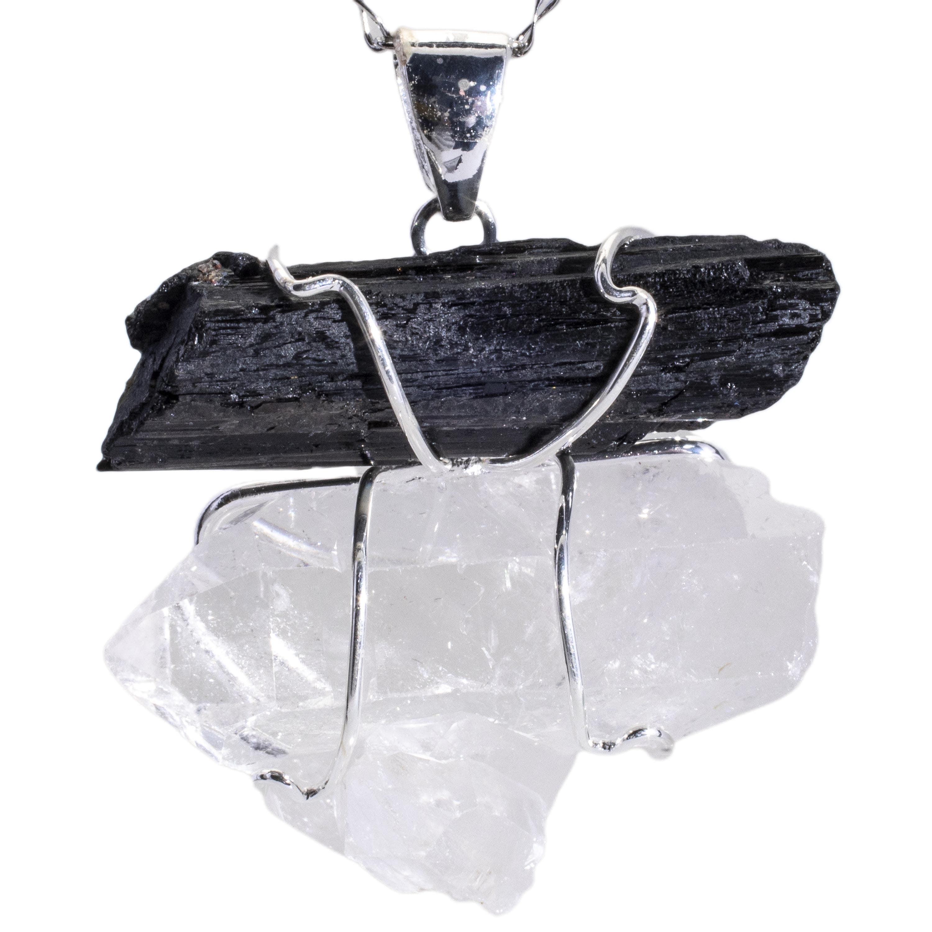 Kalifano Crystal Jewelry Cleart Quartz and Tourmaline Pendant on Chain CJN-2-Q+T