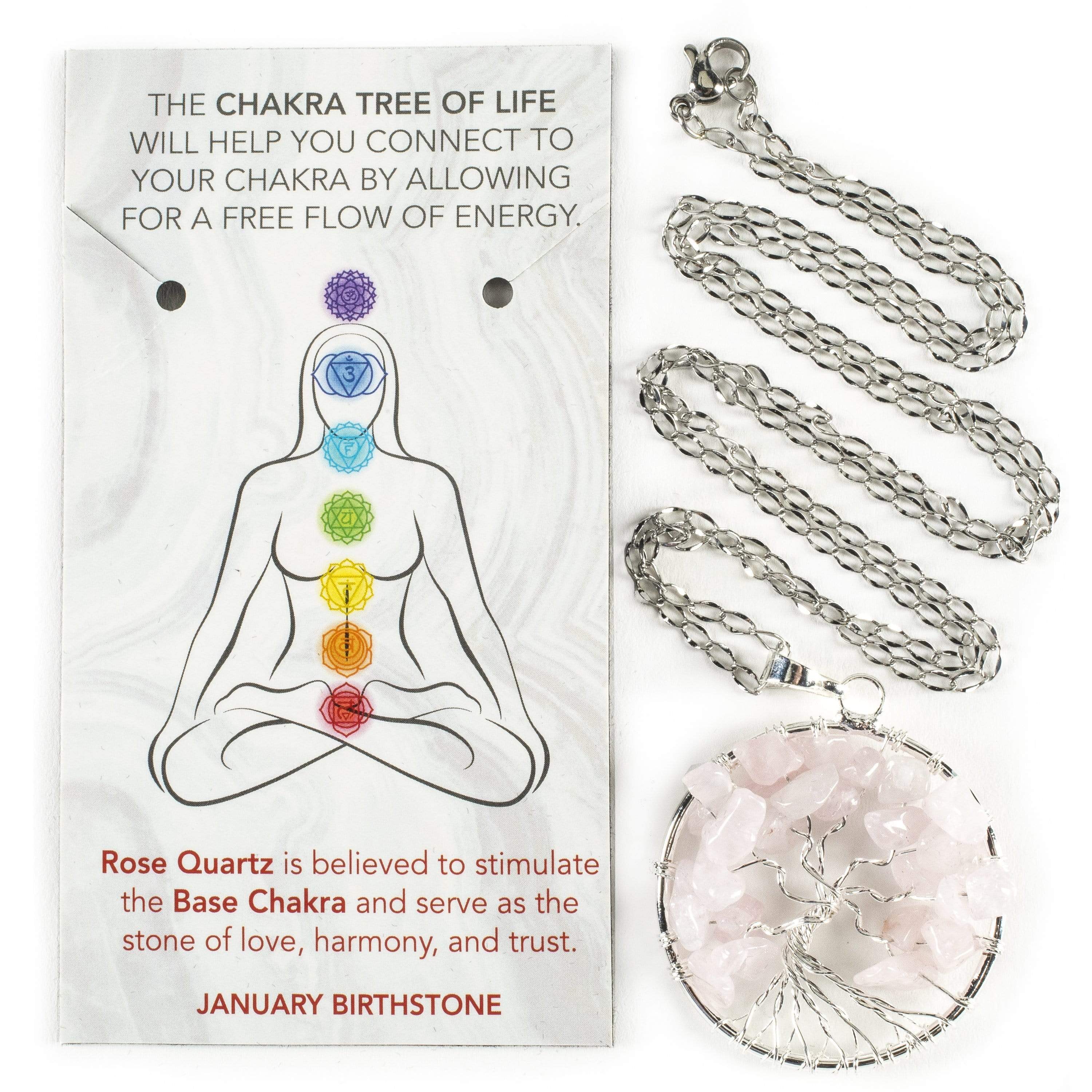 Kalifano Crystal Jewelry Rose Quartz Chakra Gemstone Tree of Life Necklace & Stainless Steel Chain CJCN20-RQ