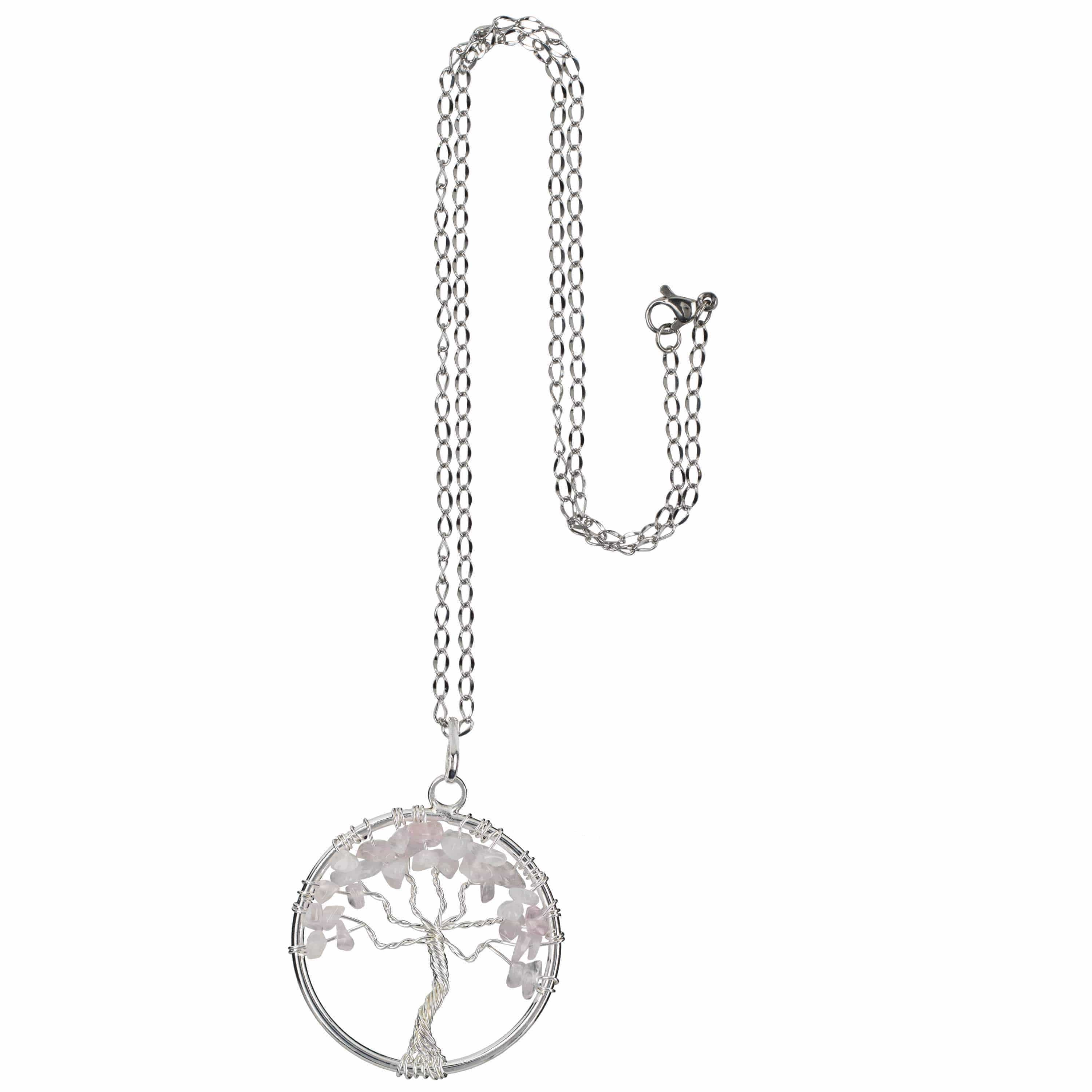 Kalifano Crystal Jewelry Rose Quartz Chakra Gemstone Tree of Life Necklace & Stainless Steel Chain CJCN20-RQ