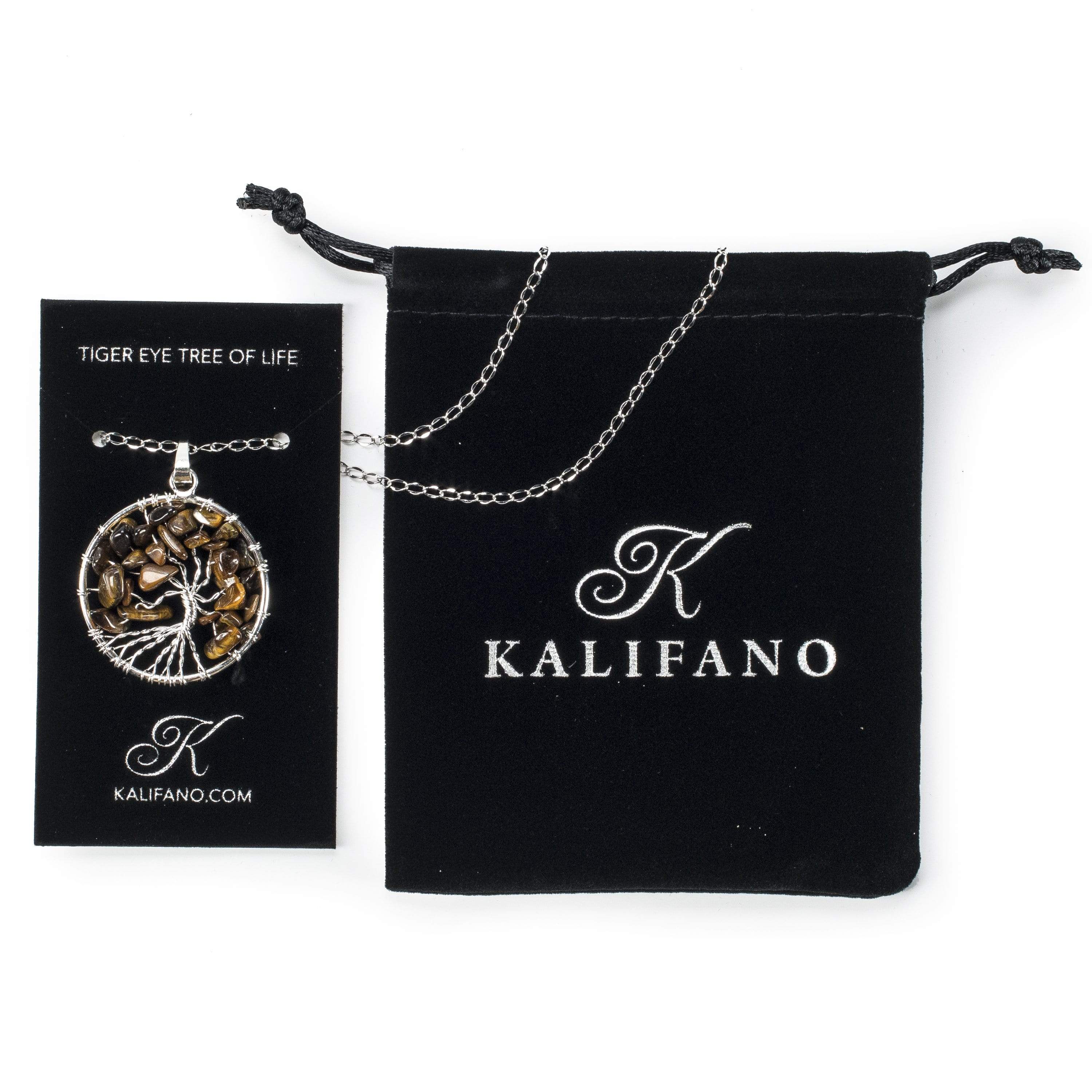 Kalifano Crystal Jewelry Tiger Eye Chakra Gemstone Tree of Life Necklace & Stainless Steel Chain CJCN20-TE