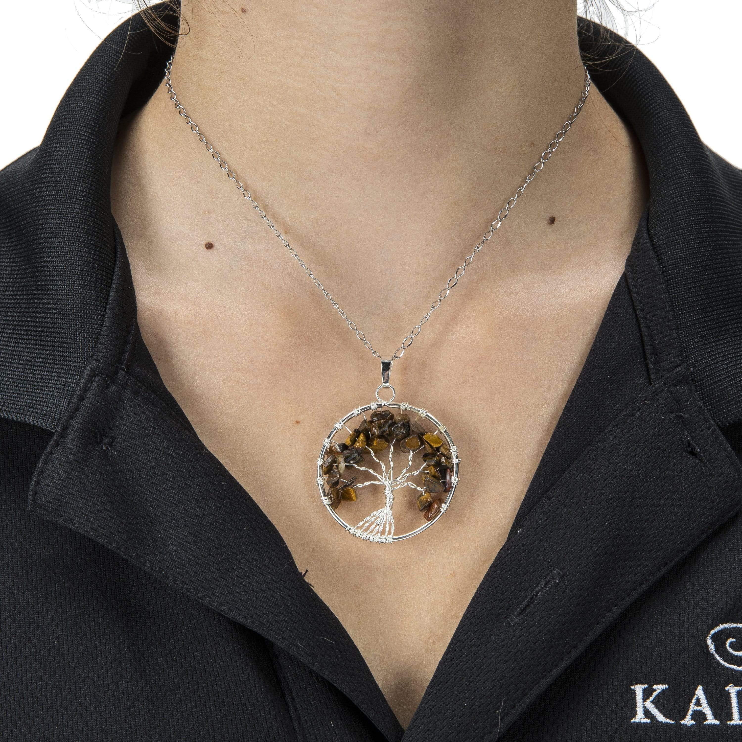 Kalifano Crystal Jewelry Tiger Eye Chakra Gemstone Tree of Life Necklace & Stainless Steel Chain CJCN20-TE