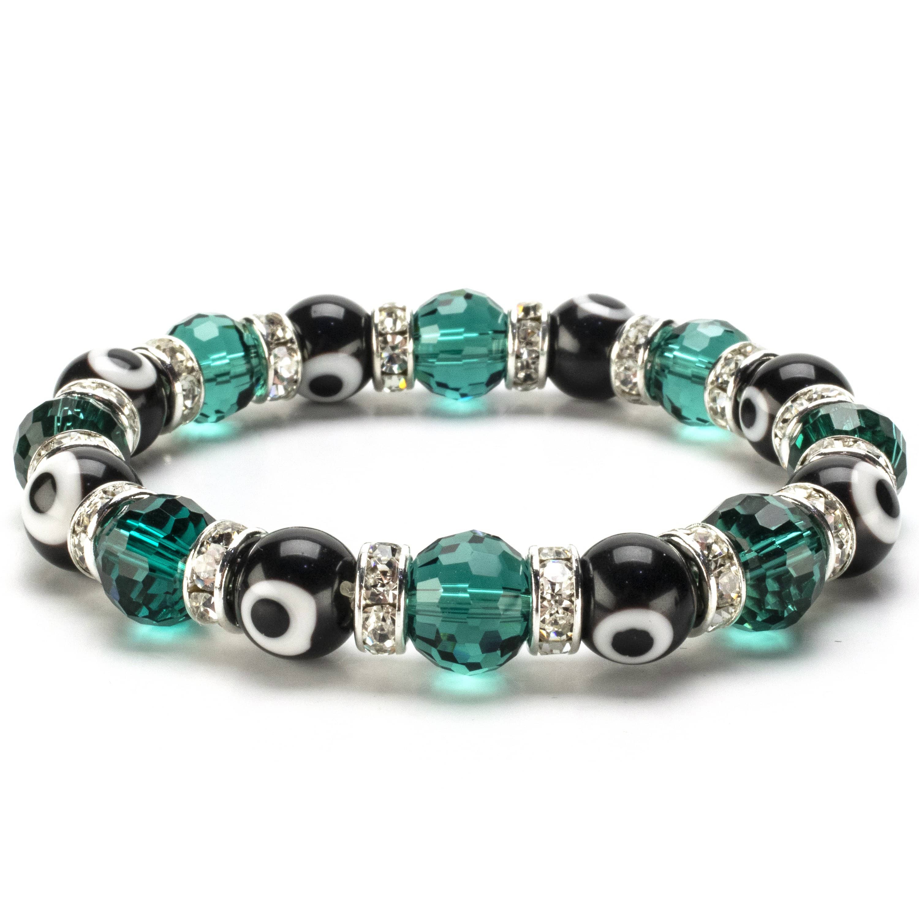 Kalifano Evil Eye Jewelry Emerald & Black Evil Eye Glass Bracelet with Cubic Zirconia Crystals BLUE-BEE-07