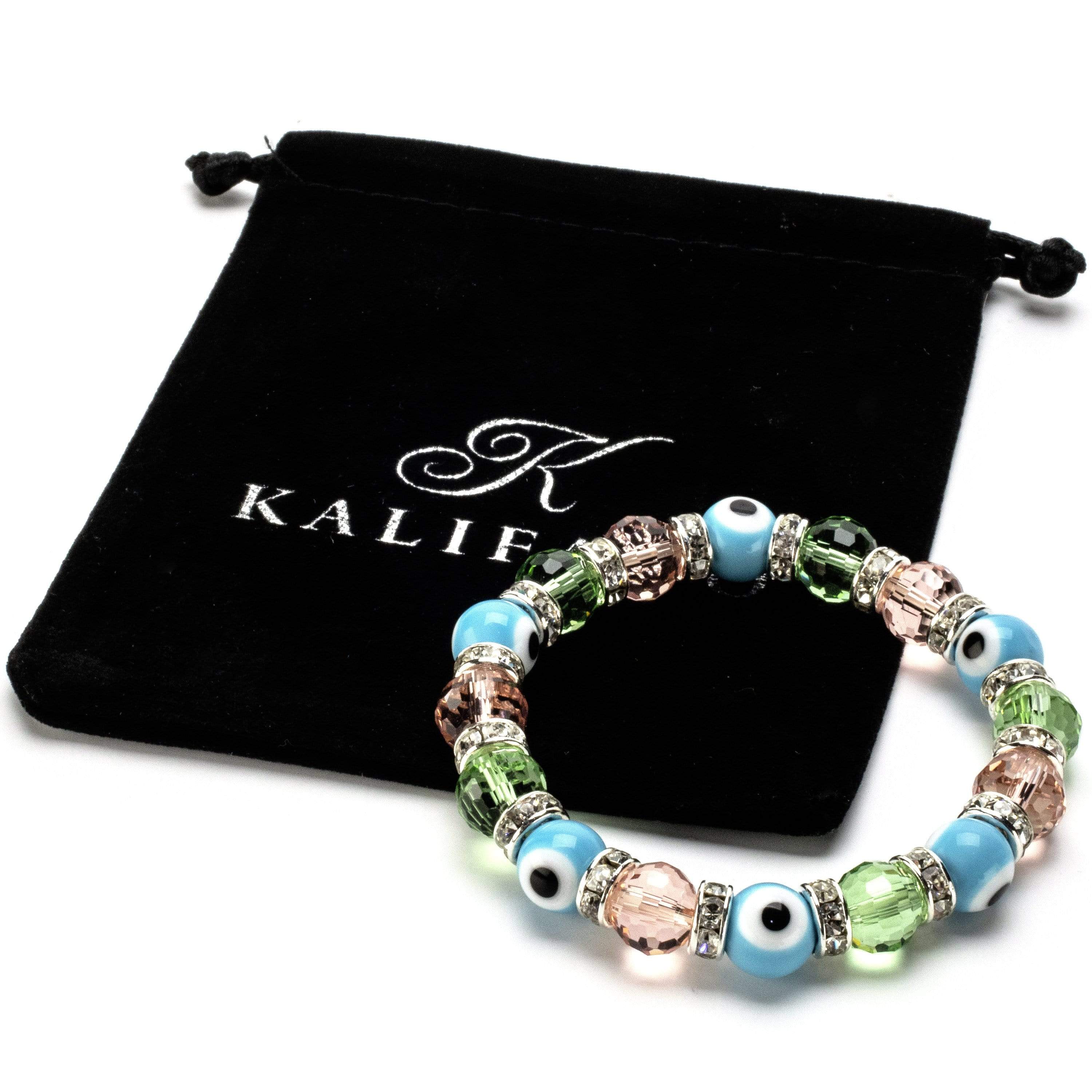 Kalifano Evil Eye Jewelry Multicolor Evil Eye Glass Bracelet with Cubic Zirconia Crystals BLUE-BEE-10