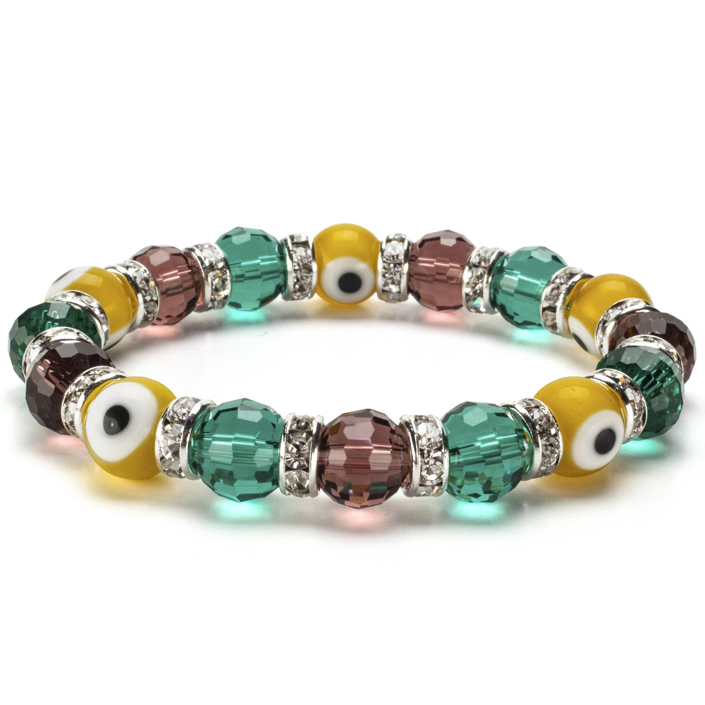Kalifano Evil Eye Jewelry Multicolor Evil Eye Glass Bracelet with Cubic Zirconia Crystals BLUE-BEE-22