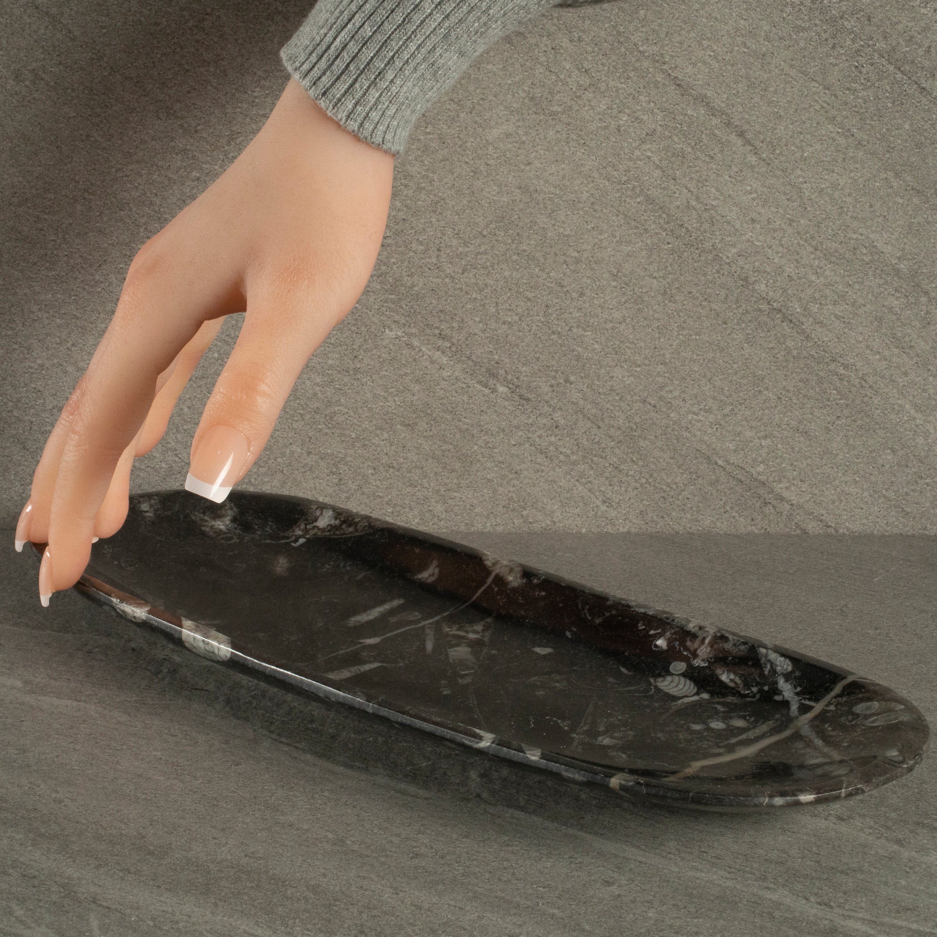Kalifano Fossils & Minerals Natural Black Orthoceras Long Oval Bowl from Morocco- 12" BORO240