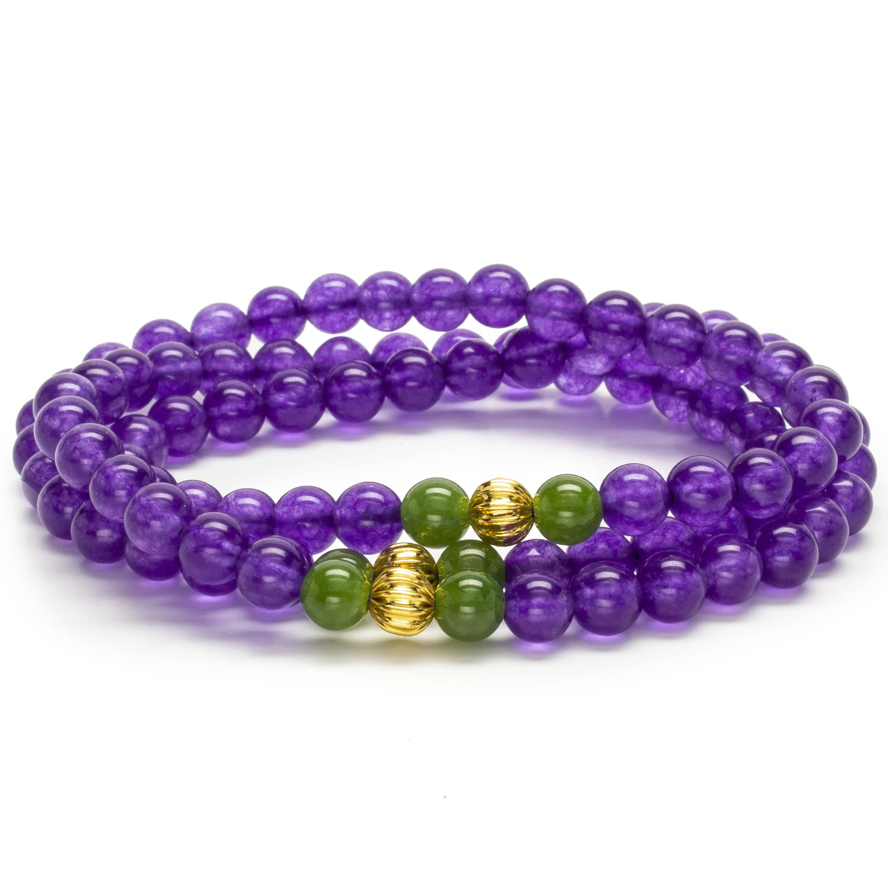 Kalifano Gemstone Bracelets Amethyst 6mm Beads with Aventurine and Gold Color Accent Beads Gemstone Triple Wrap Elastic Bracelet WHITE-BGI3-040
