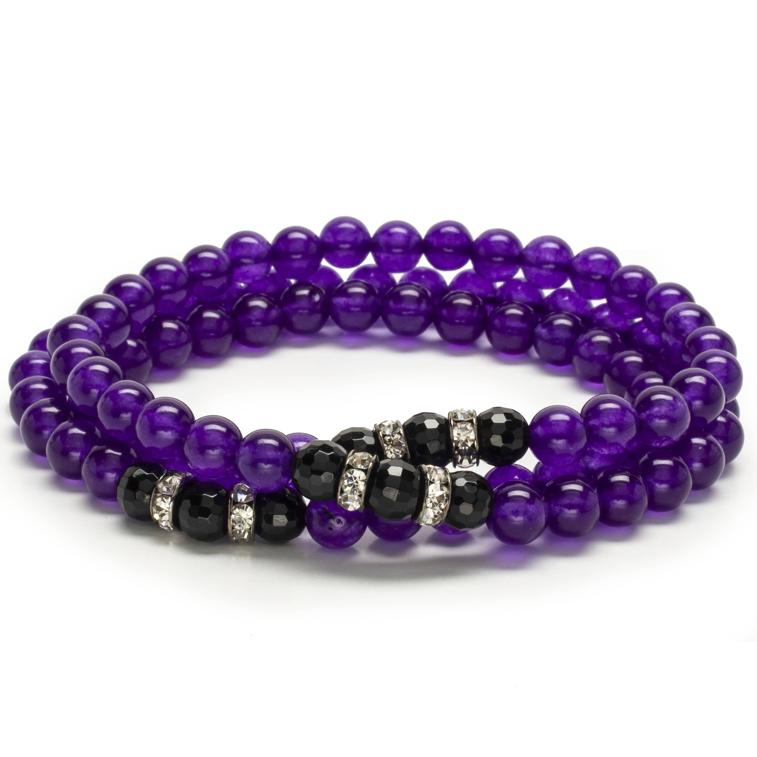 Kalifano Gemstone Bracelets Amethyst 6mm Beads with Black Agate Crystal Accent Beads Triple Wrap Elastic Gemstone Bracelet WHITE-BGI3-036