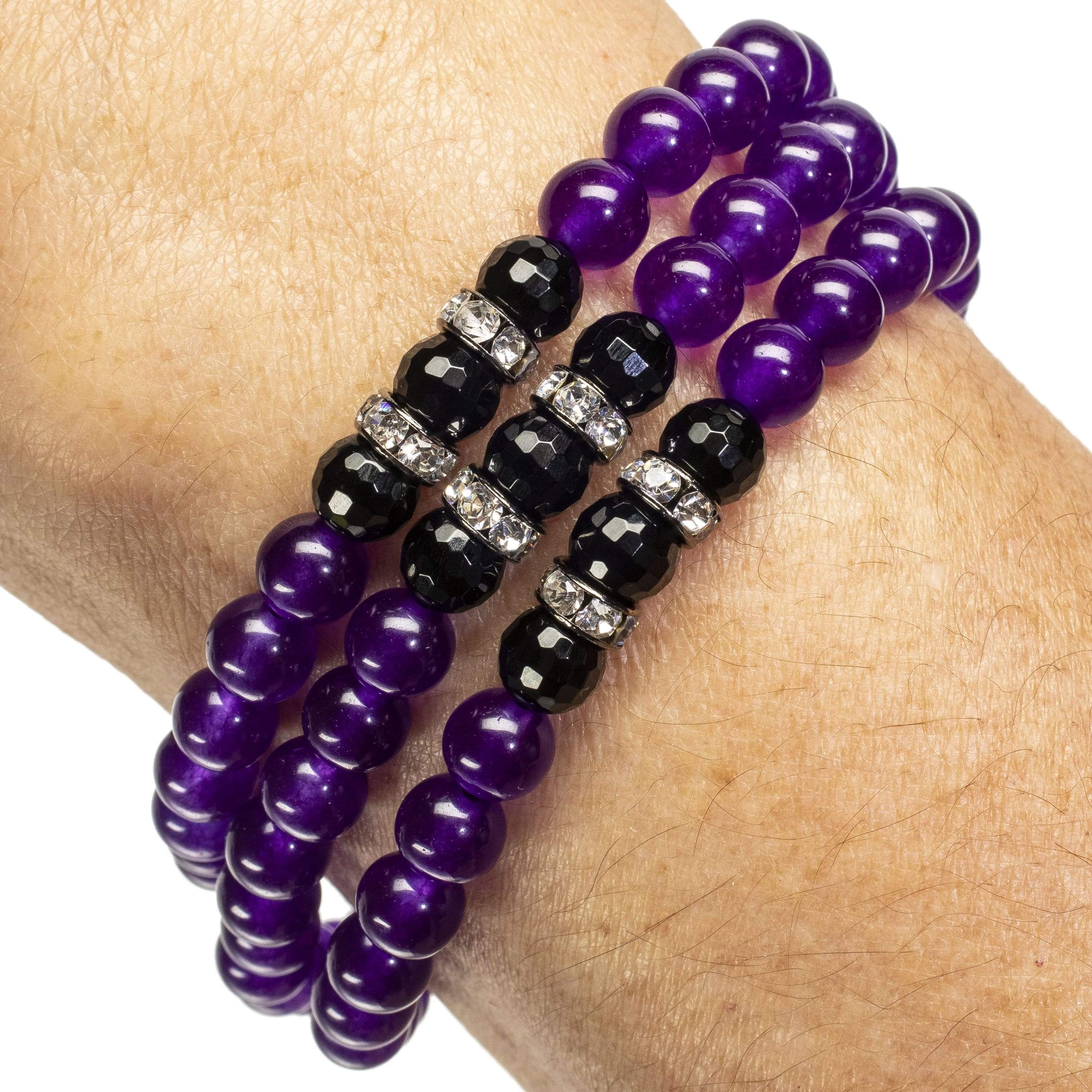 Kalifano Gemstone Bracelets Amethyst 6mm with Black Agate and Crystal Accent Beads Triple Wrap Elastic Gemstone Bracelet WHITE-BGI3-016