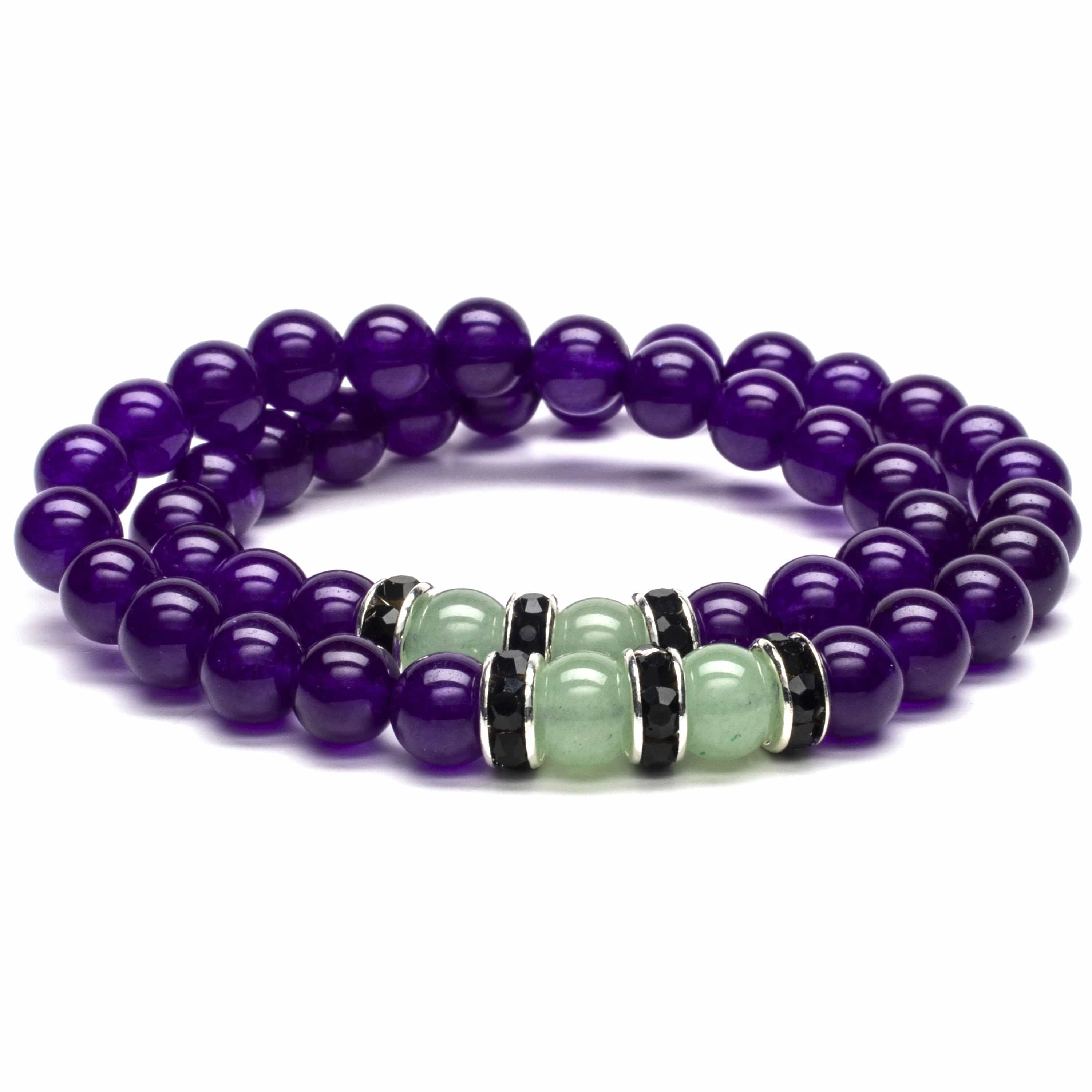 Kalifano Gemstone Bracelets Amethyst 8mm Beads with Aventurine and Black and Silver Accent Beads Double Wrap Elastic Gemstone Bracelet WHITE-BGI2-014