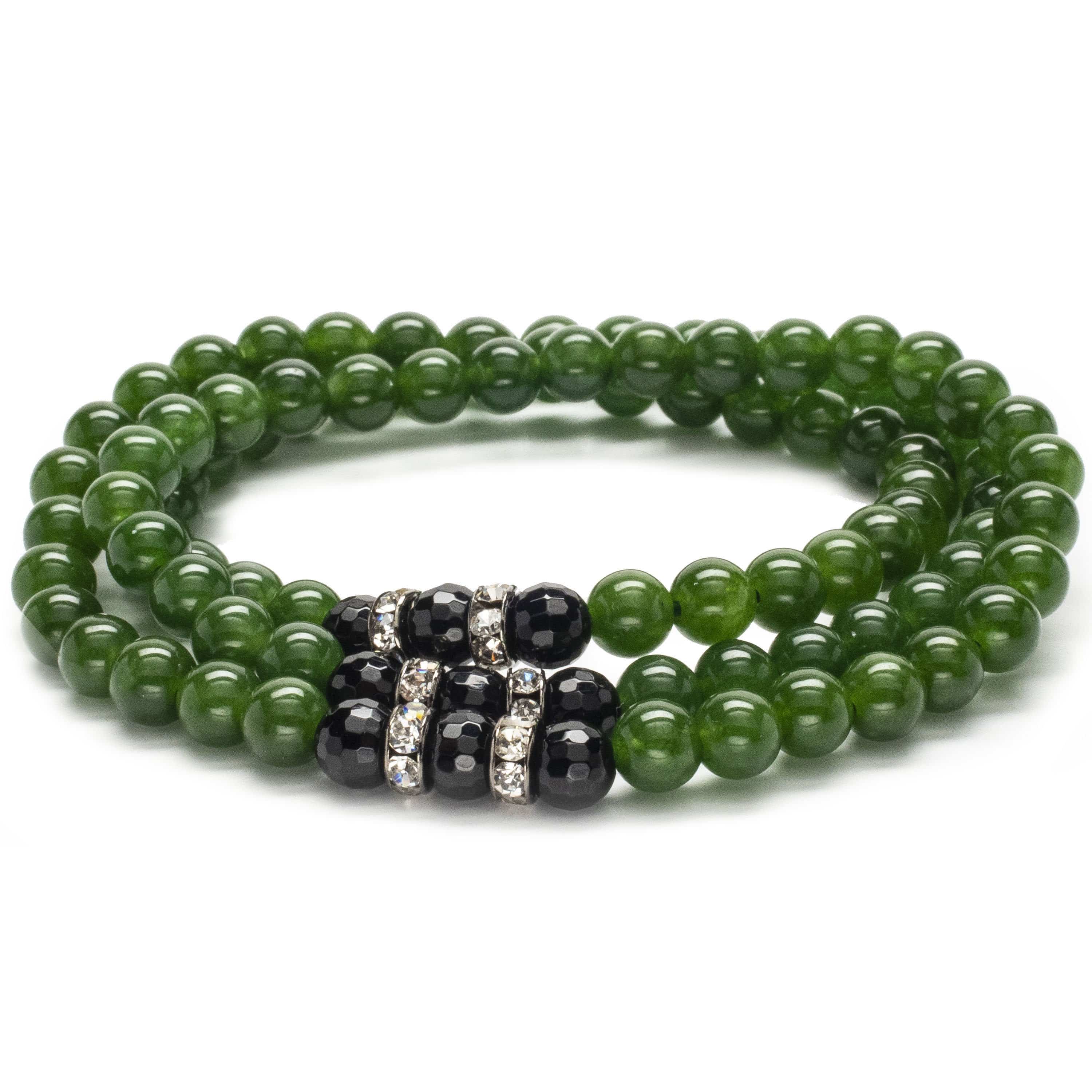 Kalifano Gemstone Bracelets Aventurine 6mm Beads with Black Agate and Crystal Accent Beads Triple Wrap Elastic Gemstone Bracelet WHITE-BGI3-008