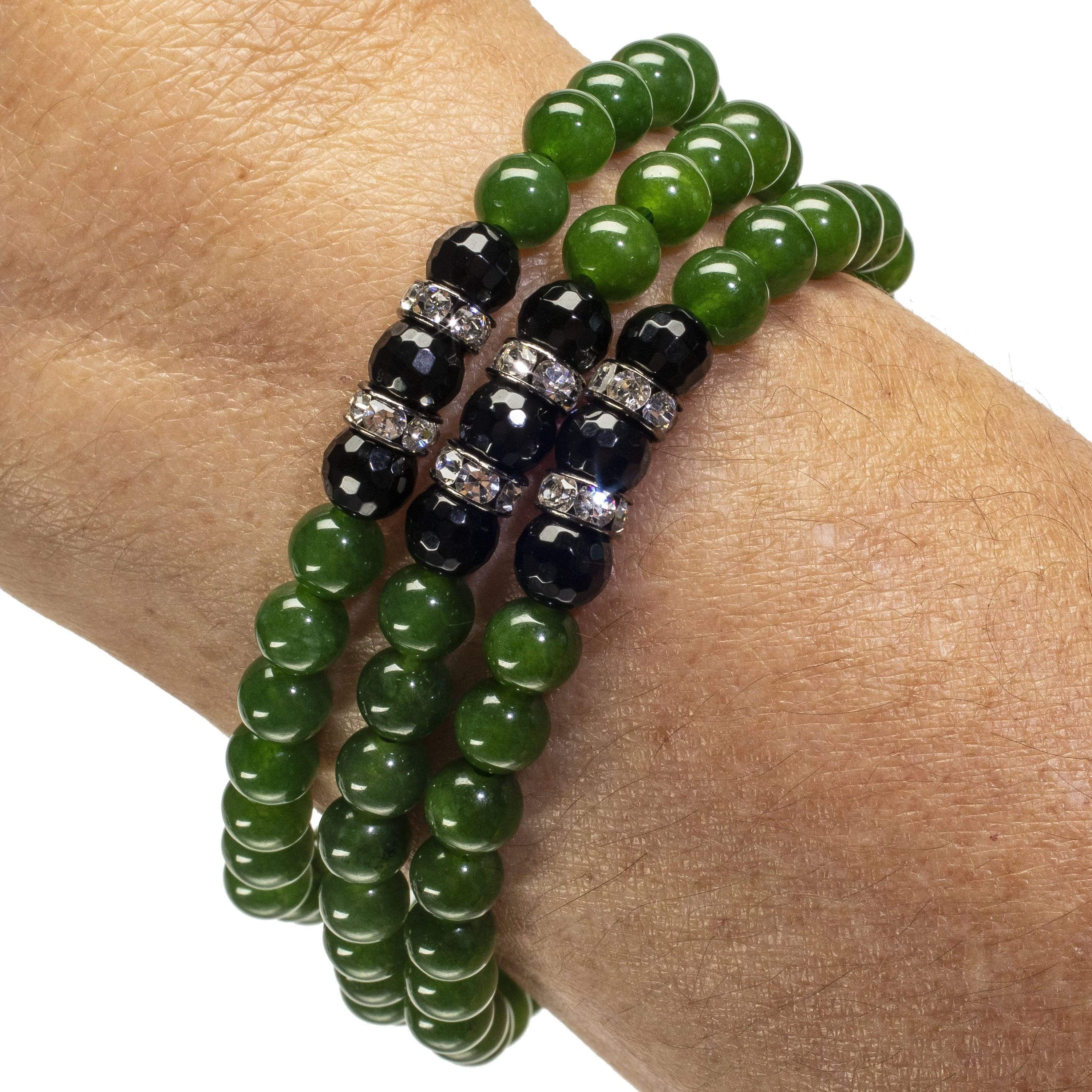 Kalifano Gemstone Bracelets Aventurine 6mm Beads with Black Agate and Crystal Accent Beads Triple Wrap Elastic Gemstone Bracelet WHITE-BGI3-008