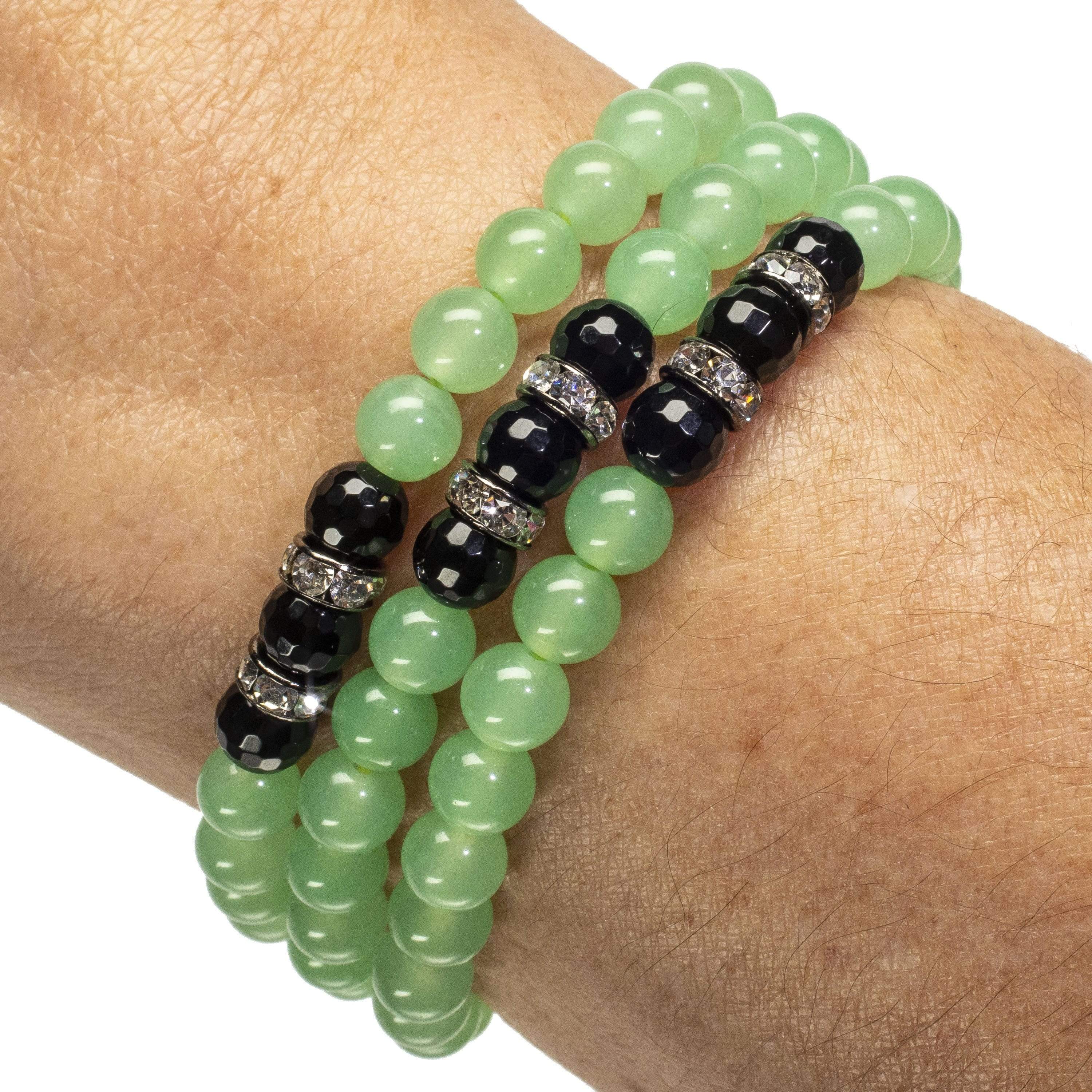 Kalifano Gemstone Bracelets Aventurine 6mm Beads with Black Agate and Crystal Accent Beads Triple Wrap Elastic Gemstone Bracelet WHITE-BGI3-011