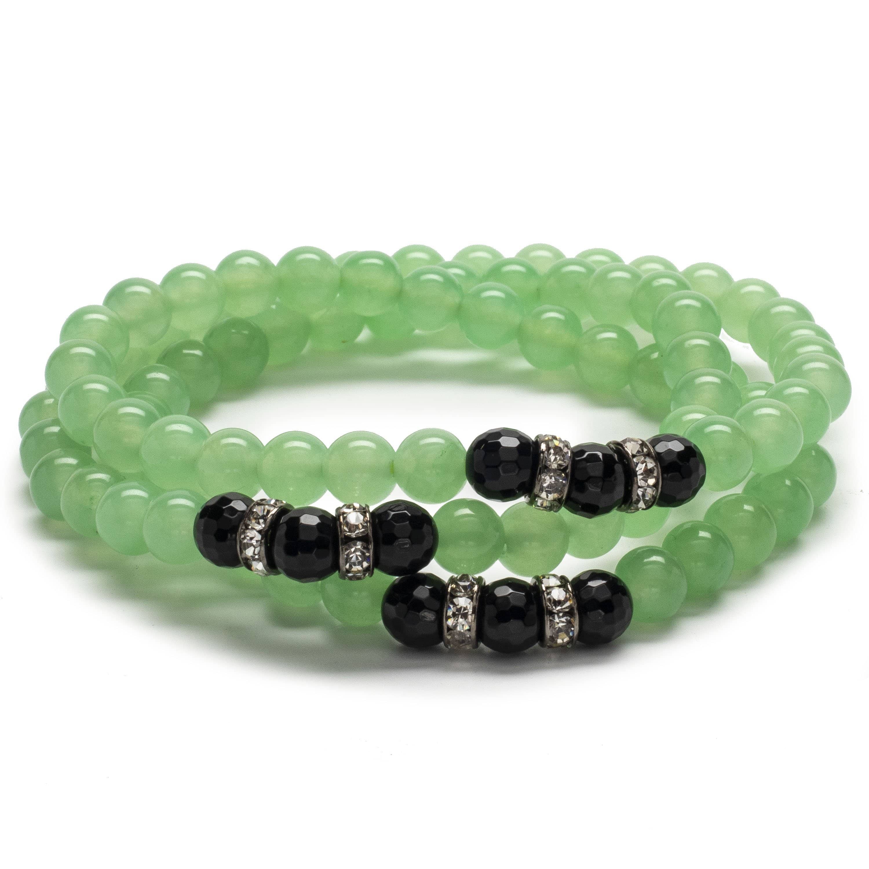 Kalifano Gemstone Bracelets Aventurine 6mm Beads with Black Agate and Crystal Accent Beads Triple Wrap Elastic Gemstone Bracelet WHITE-BGI3-011