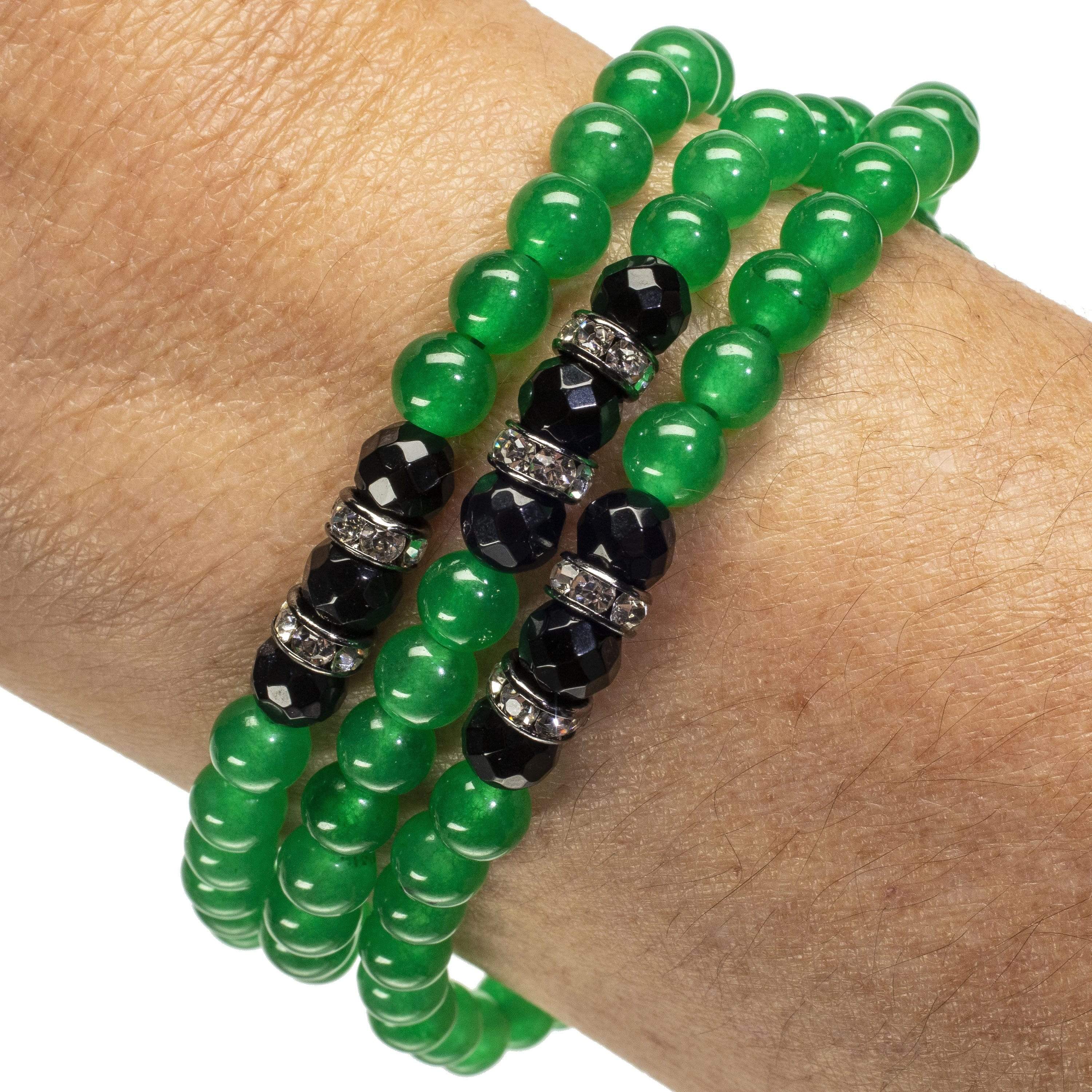 Kalifano Gemstone Bracelets Aventurine 6mm Beads with Black Agate and Crystal Accent Beads Triple Wrap Elastic Gemstone Bracelet WHITE-BGI3-012