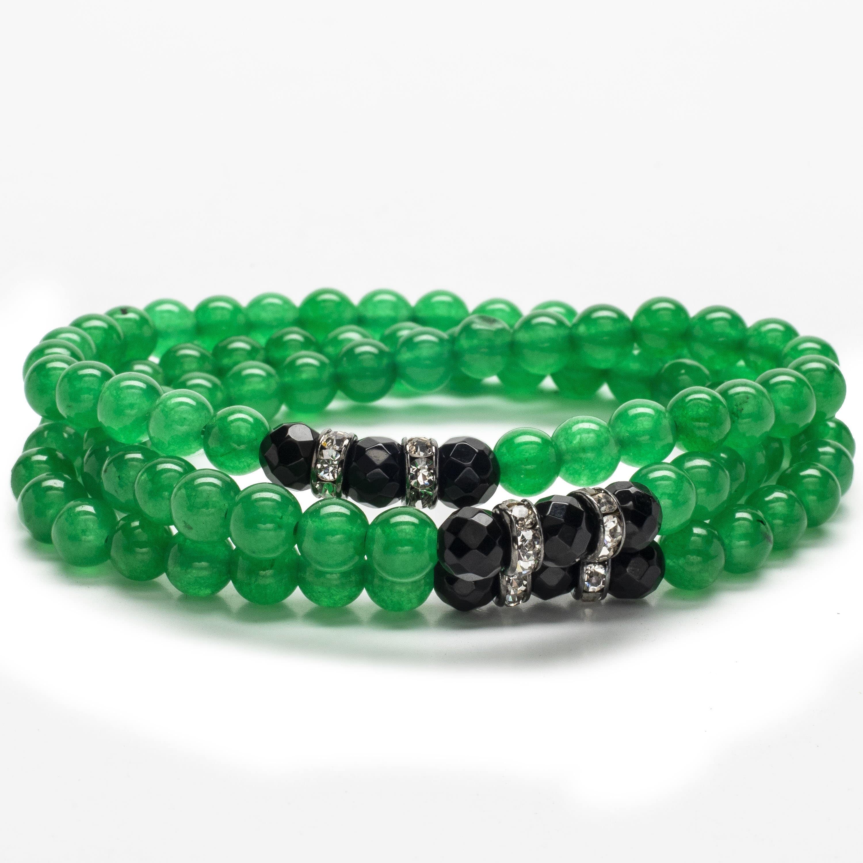 Kalifano Gemstone Bracelets Aventurine 6mm Beads with Black Agate and Crystal Accent Beads Triple Wrap Elastic Gemstone Bracelet WHITE-BGI3-012