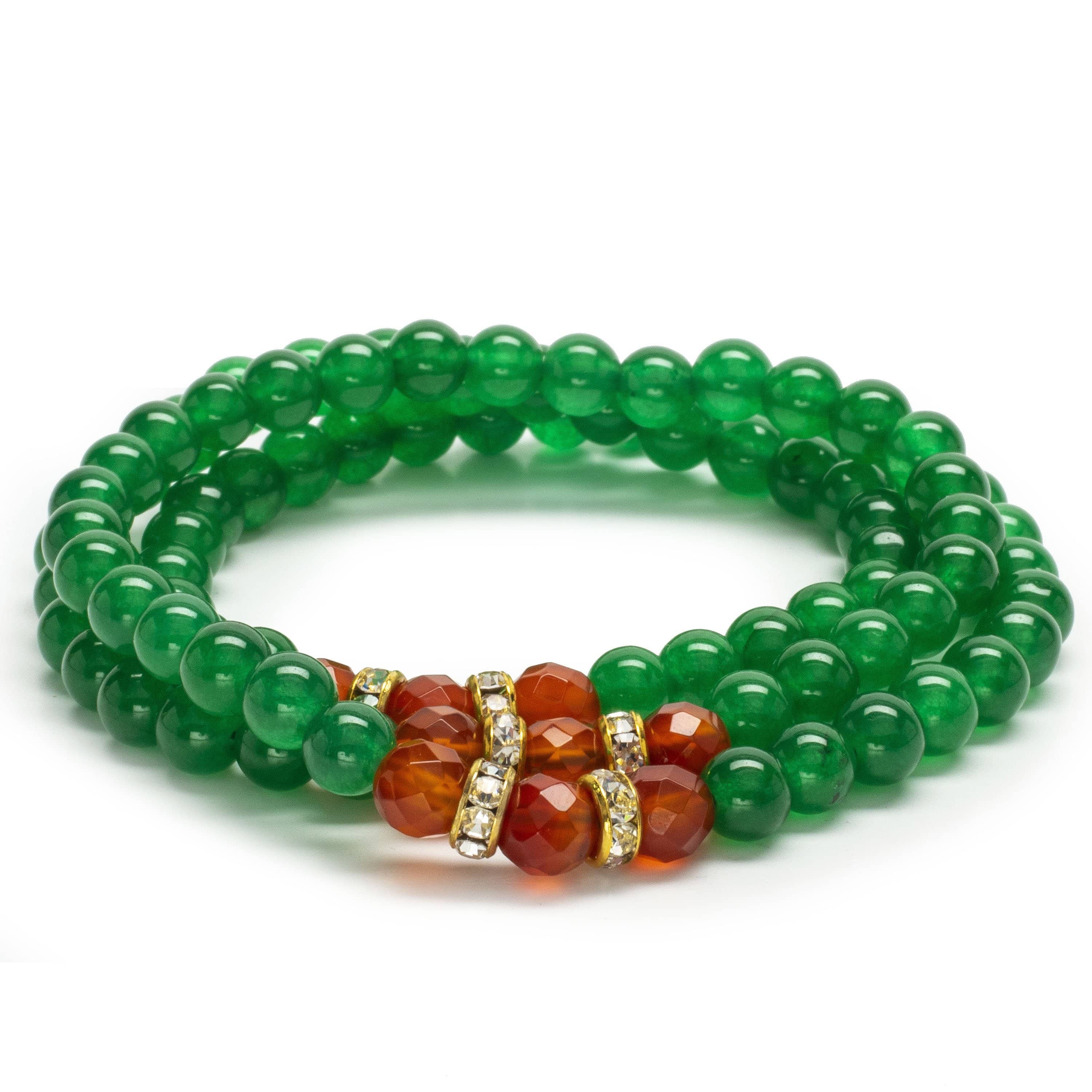 Kalifano Gemstone Bracelets Aventurine 6mm Beads with Carnelian and Gold Color Crystal Accent Beads Triple Wrap Elastic Gemstone Bracelet WHITE-BGI3-054