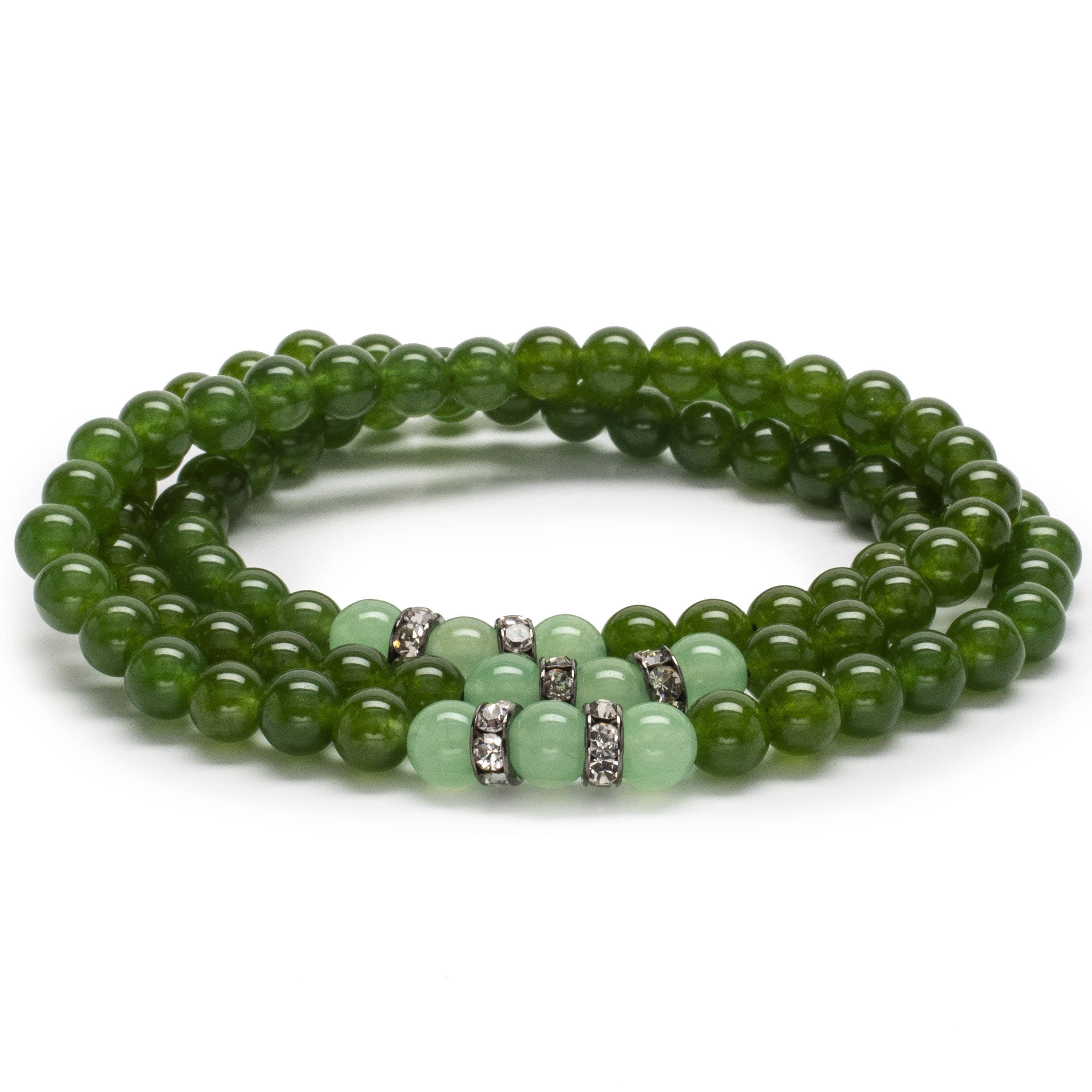 Kalifano Gemstone Bracelets Aventurine 6mm Beads with Crystal Accent Beads Triple Wrap Elastic Gemstone Bracelet WHITE-BGI3-038