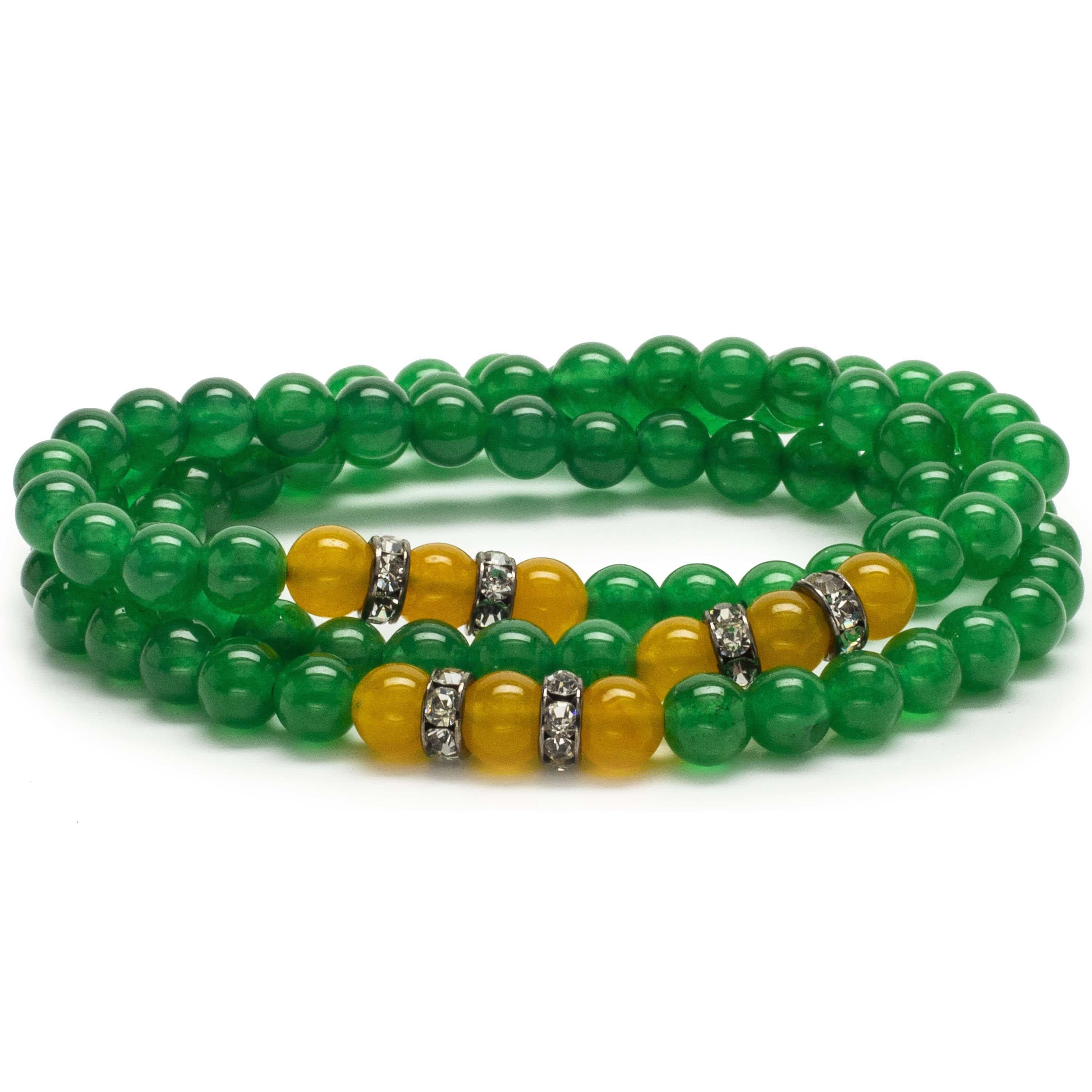 Kalifano Gemstone Bracelets Aventurine 6mm Beads with Yellow Agate and Crystal Accent Beads Triple Wrap Elastic Gemstone Bracelet WHITE-BGI3-043