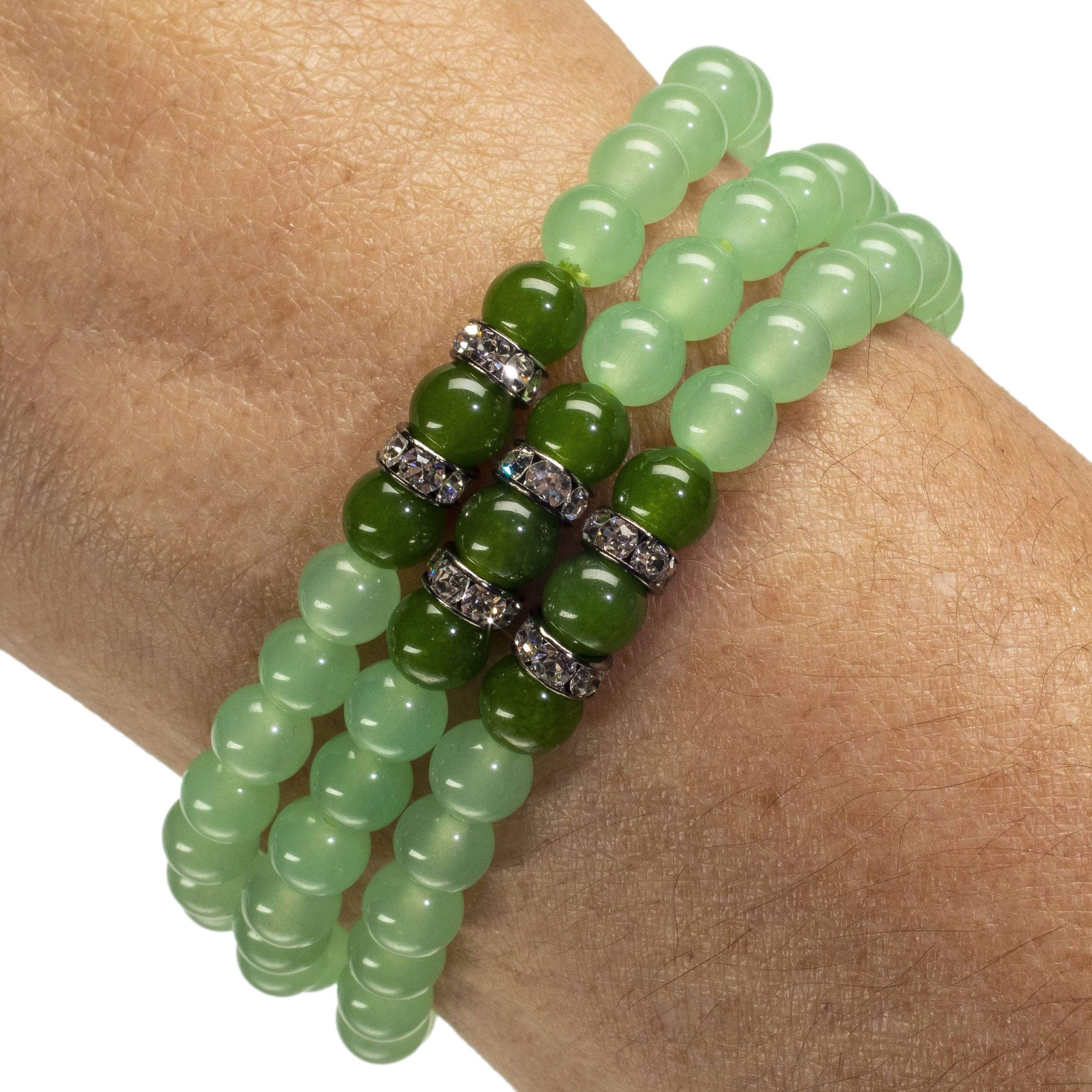 Kalifano Gemstone Bracelets Aventurine 6mm Gemstone Beads Triple Wrap Elastic Braceletwith Crystal Accent Beads WHITE-BGI3-013